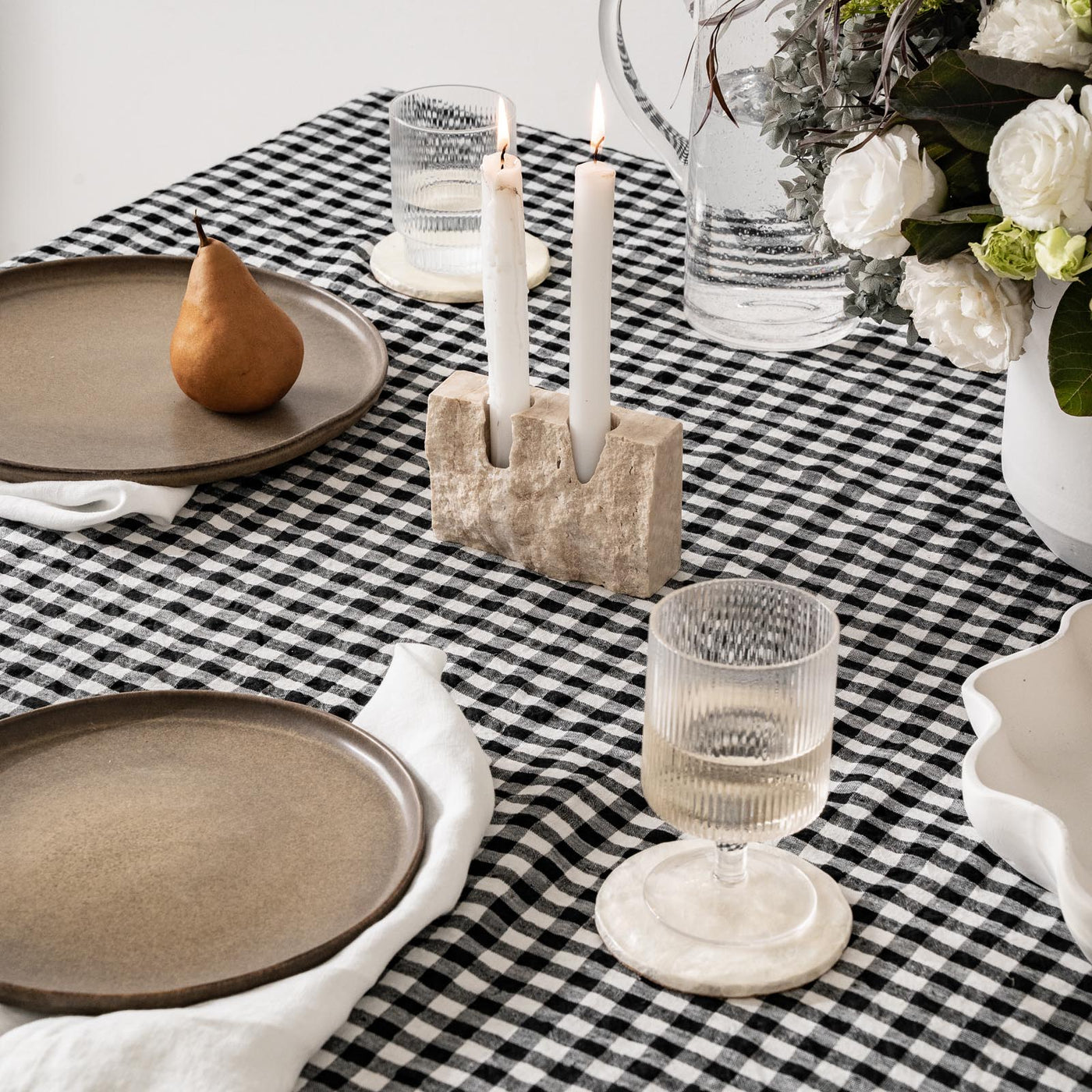 French Flax Linen Table Cloth in Charcoal Gingham