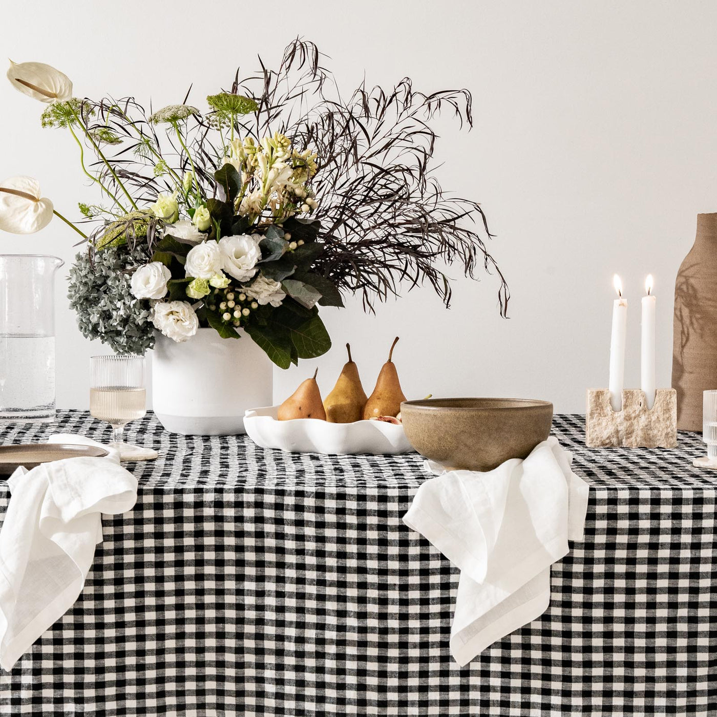 French Flax Linen Table Cloth in Charcoal Gingham