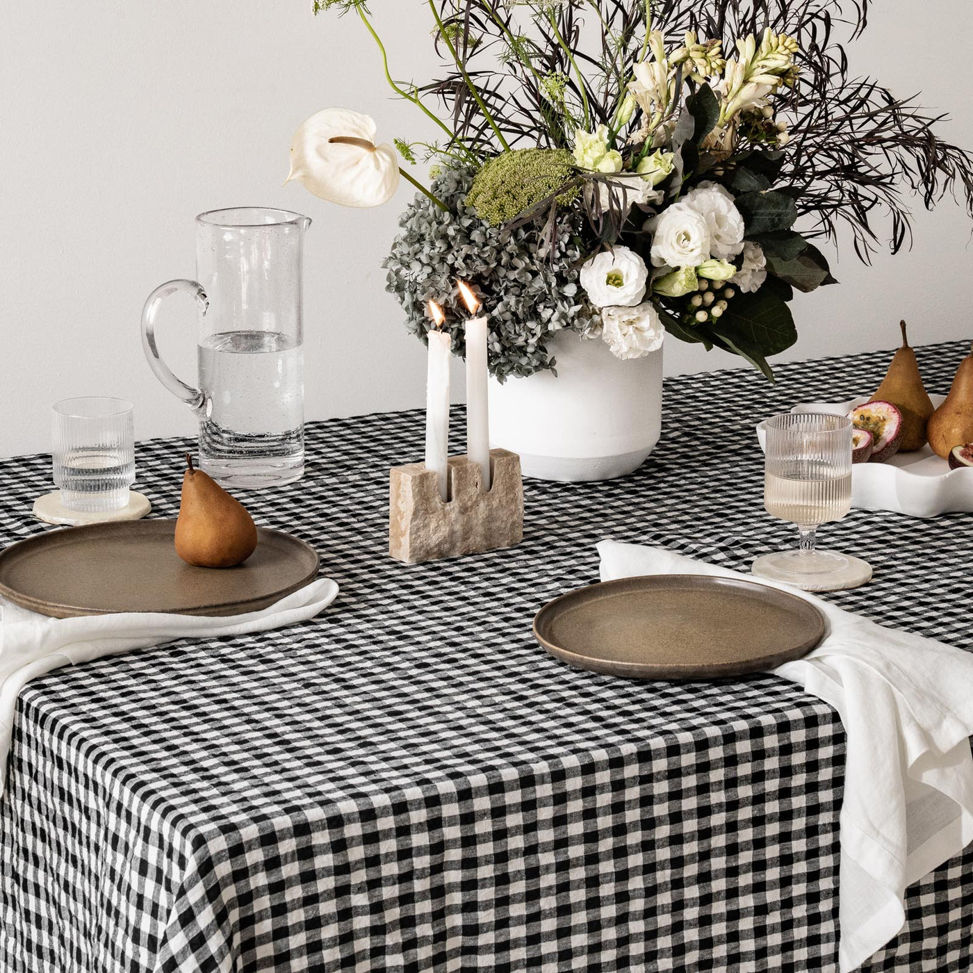 French Flax Linen Table Cloth in Charcoal Gingham