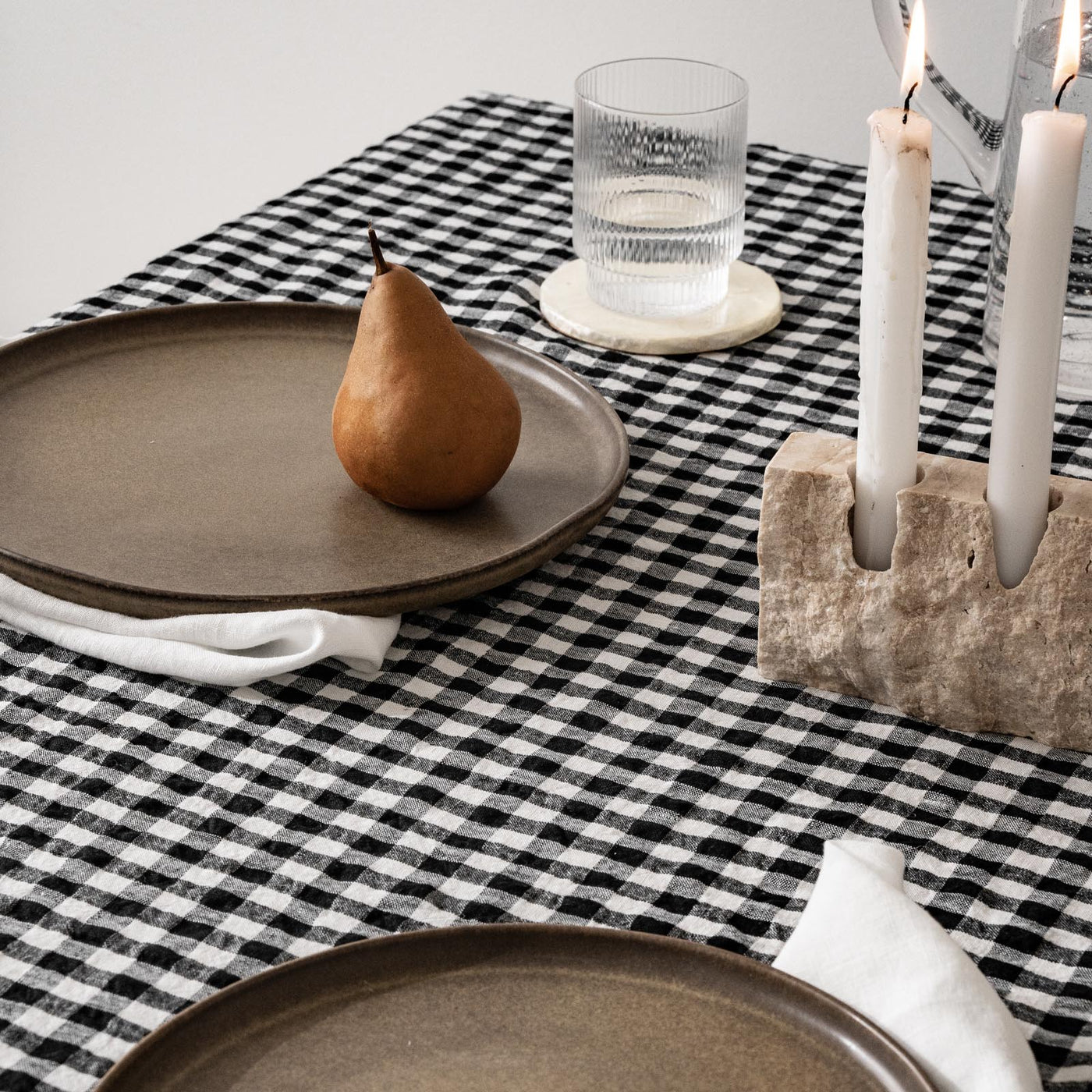 French Flax Linen Table Cloth in Charcoal Gingham