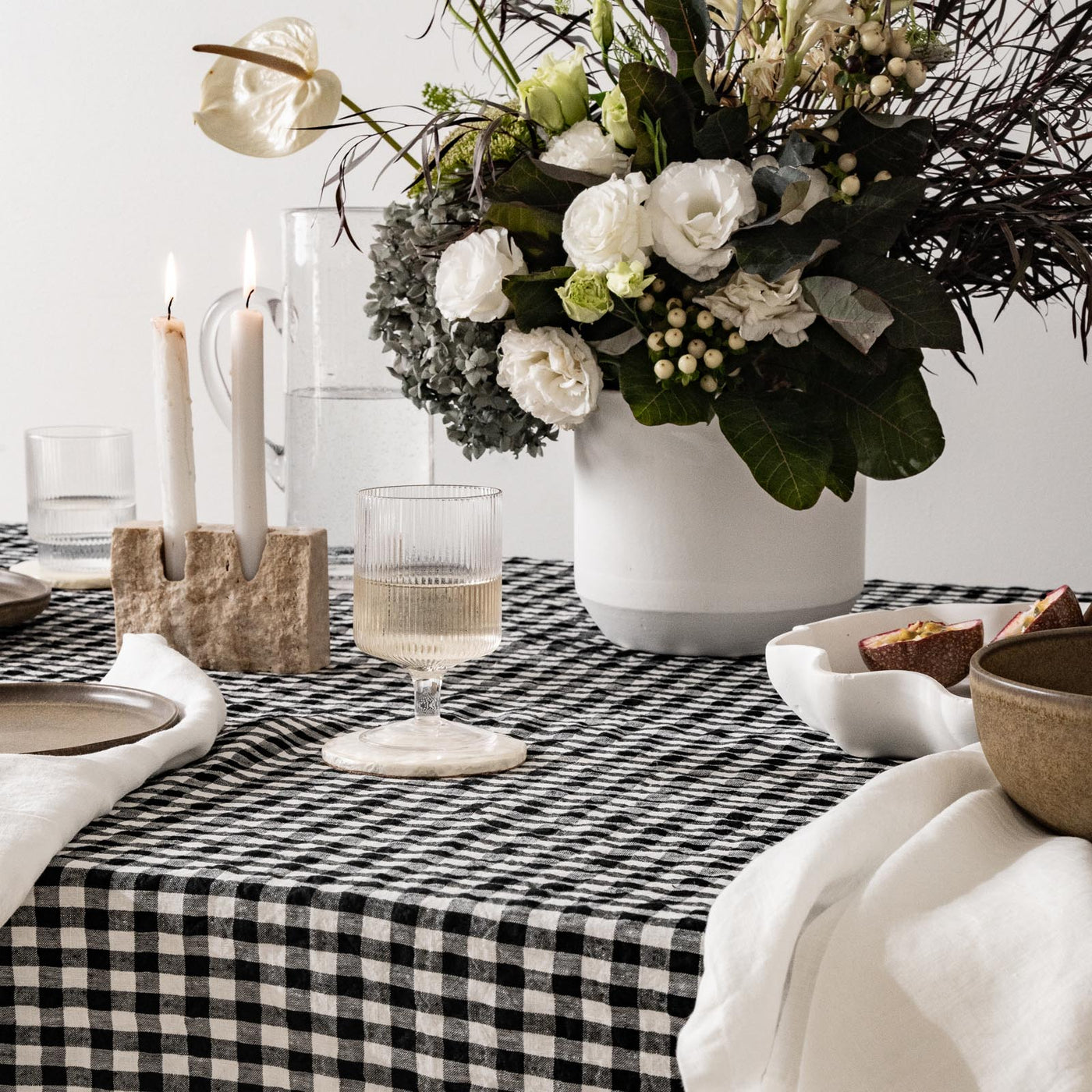 French Flax Linen Table Cloth in Charcoal Gingham