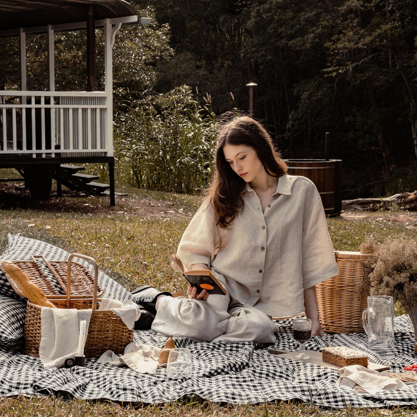 French Flax Linen Table Cloth in Charcoal Gingham