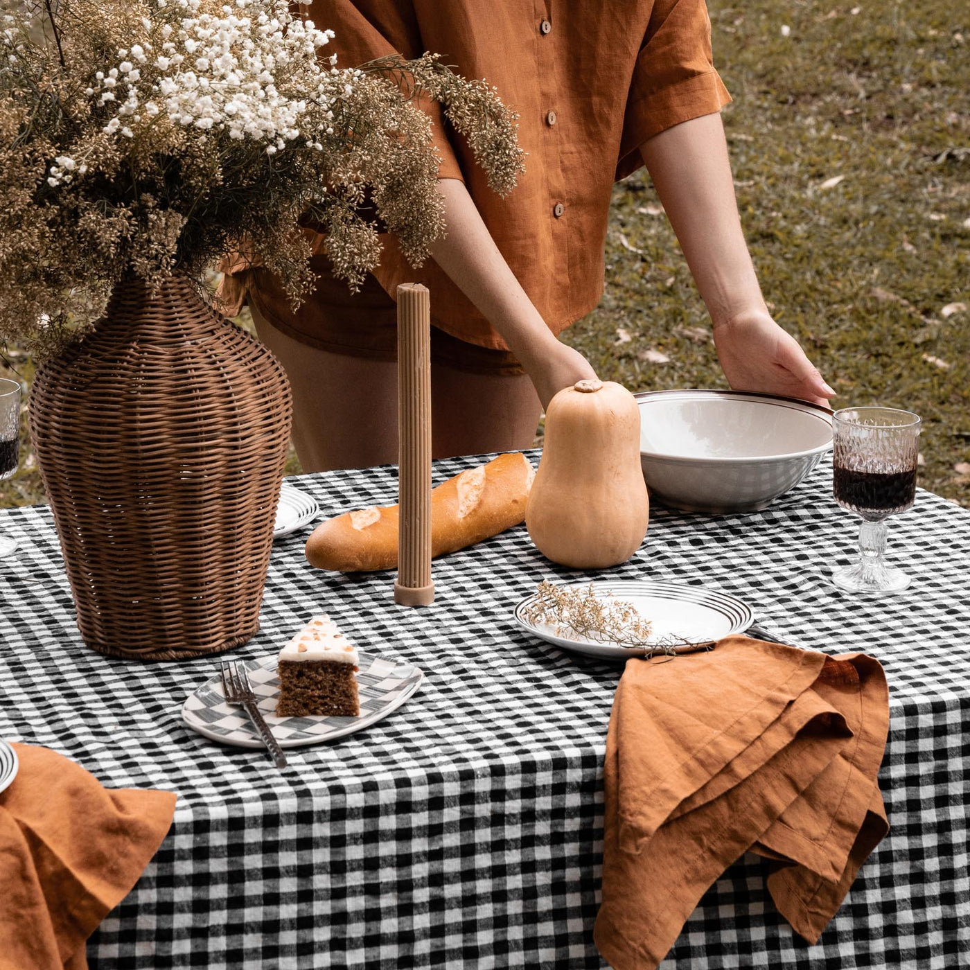 French Flax Linen Table Cloth in Charcoal Gingham