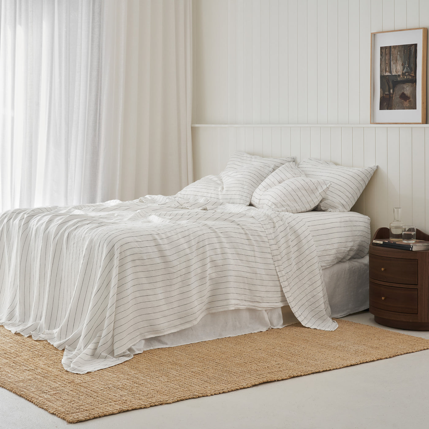 French Flax Linen Flat Sheet in Charcoal Stripe