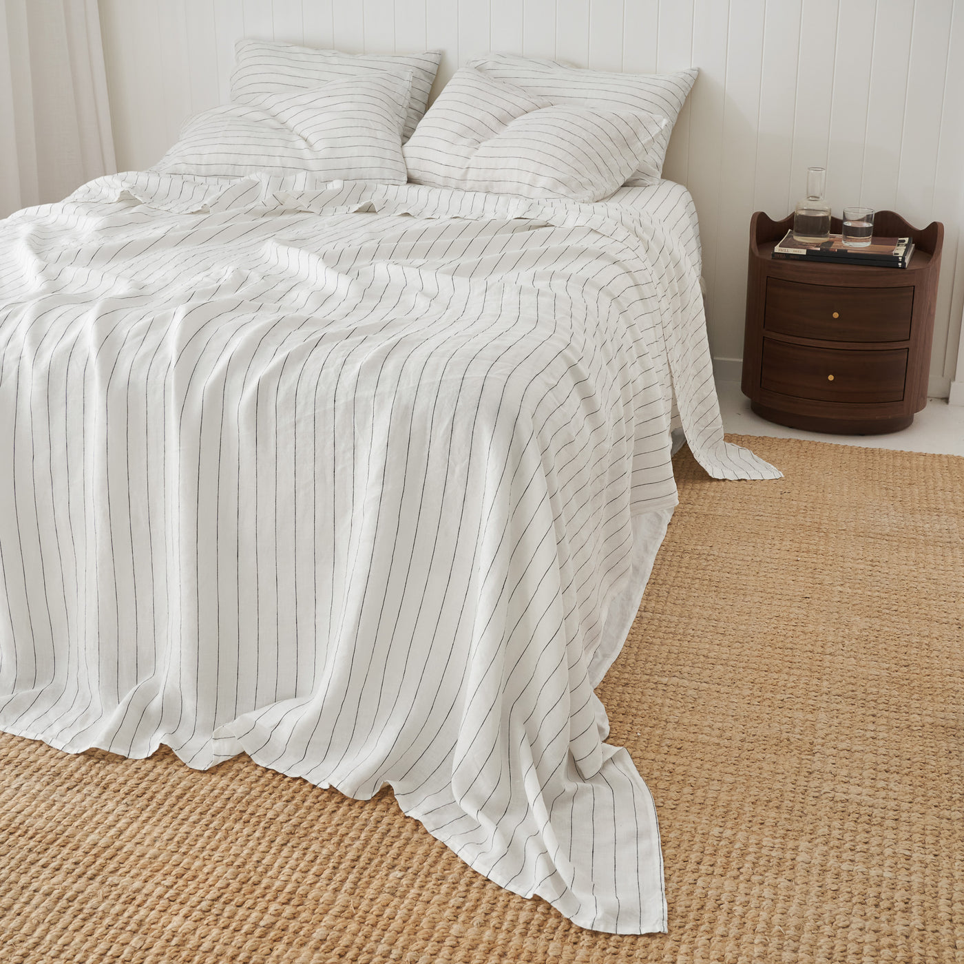 French Flax Linen Flat Sheet in Charcoal Stripe