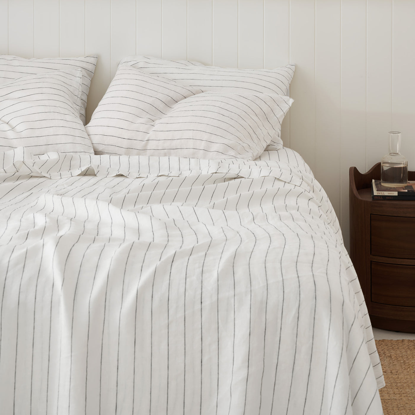 French Flax Linen Flat Sheet in Charcoal Stripe
