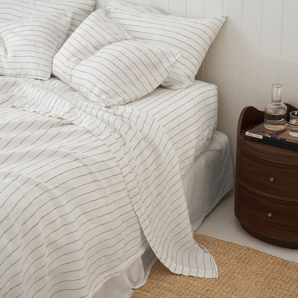 French Flax Linen Fitted Sheet in Charcoal Stripe