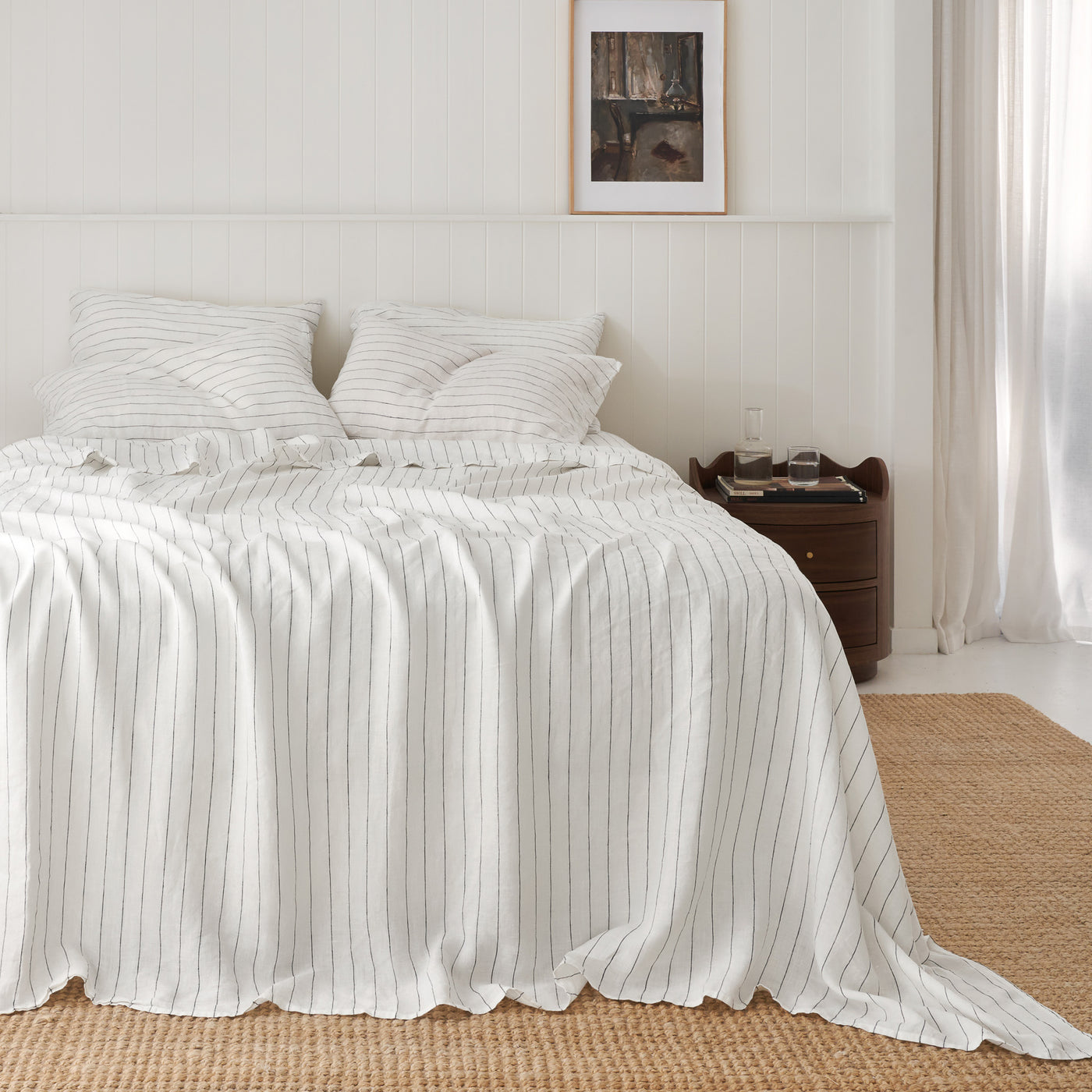French Flax Linen Flat Sheet in Charcoal Stripe