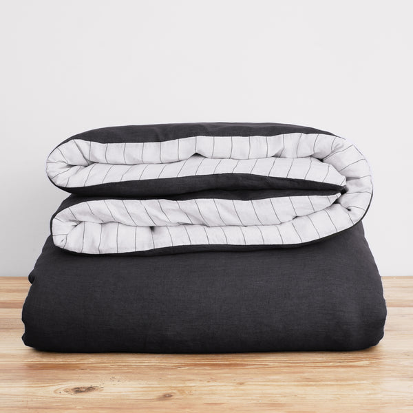 French Flax Linen Double Sided Quilt Cover in Charcoal/Charcoal Stripe