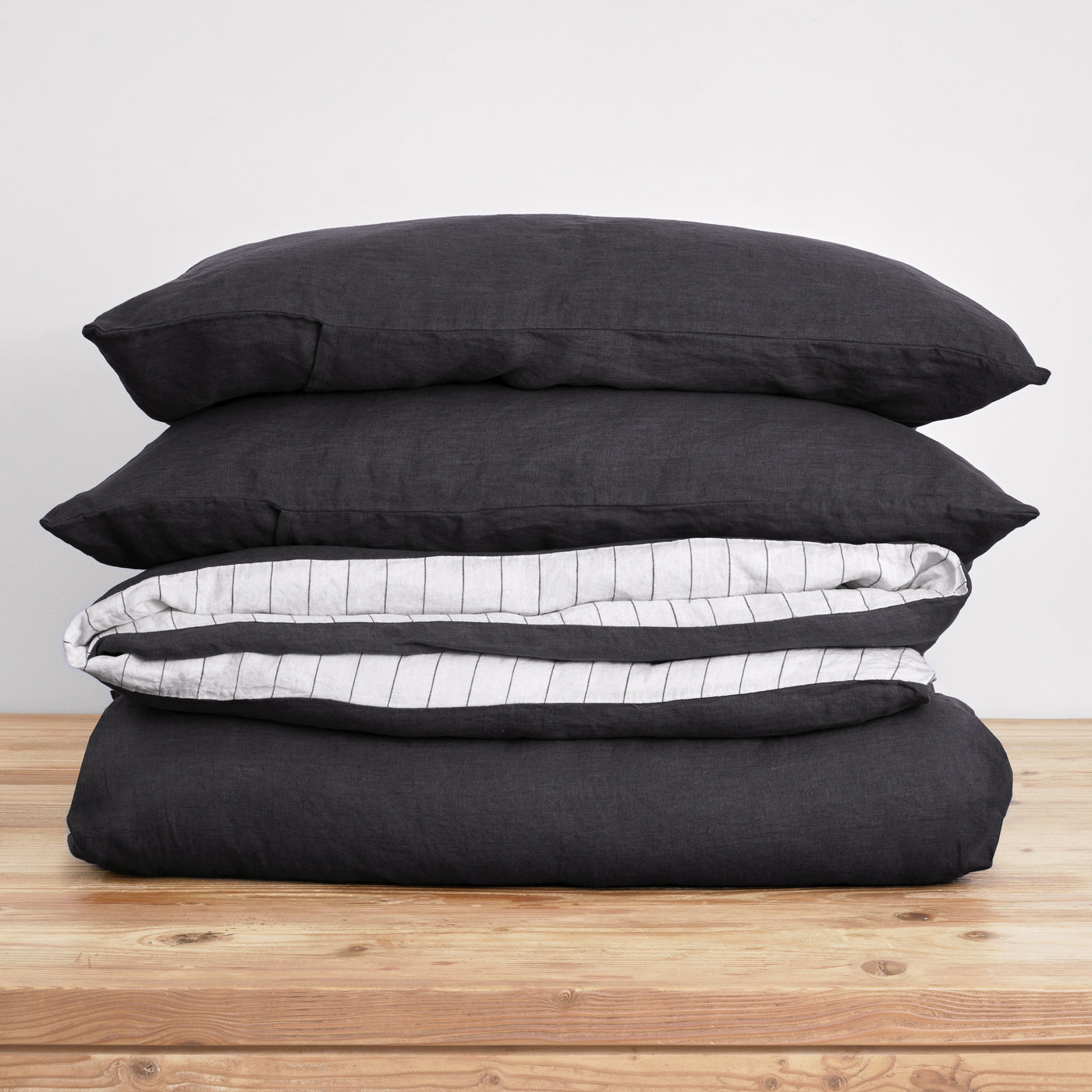 French Flax Linen Double Sided Quilt Cover SET in Charcoal/Charcoal Stripe