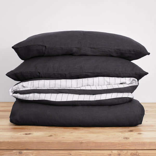 French Flax Linen Double Sided Quilt Cover SET in Charcoal/Charcoal Stripe