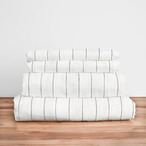 French Flax Linen Sheet Set in Charcoal Stripe
