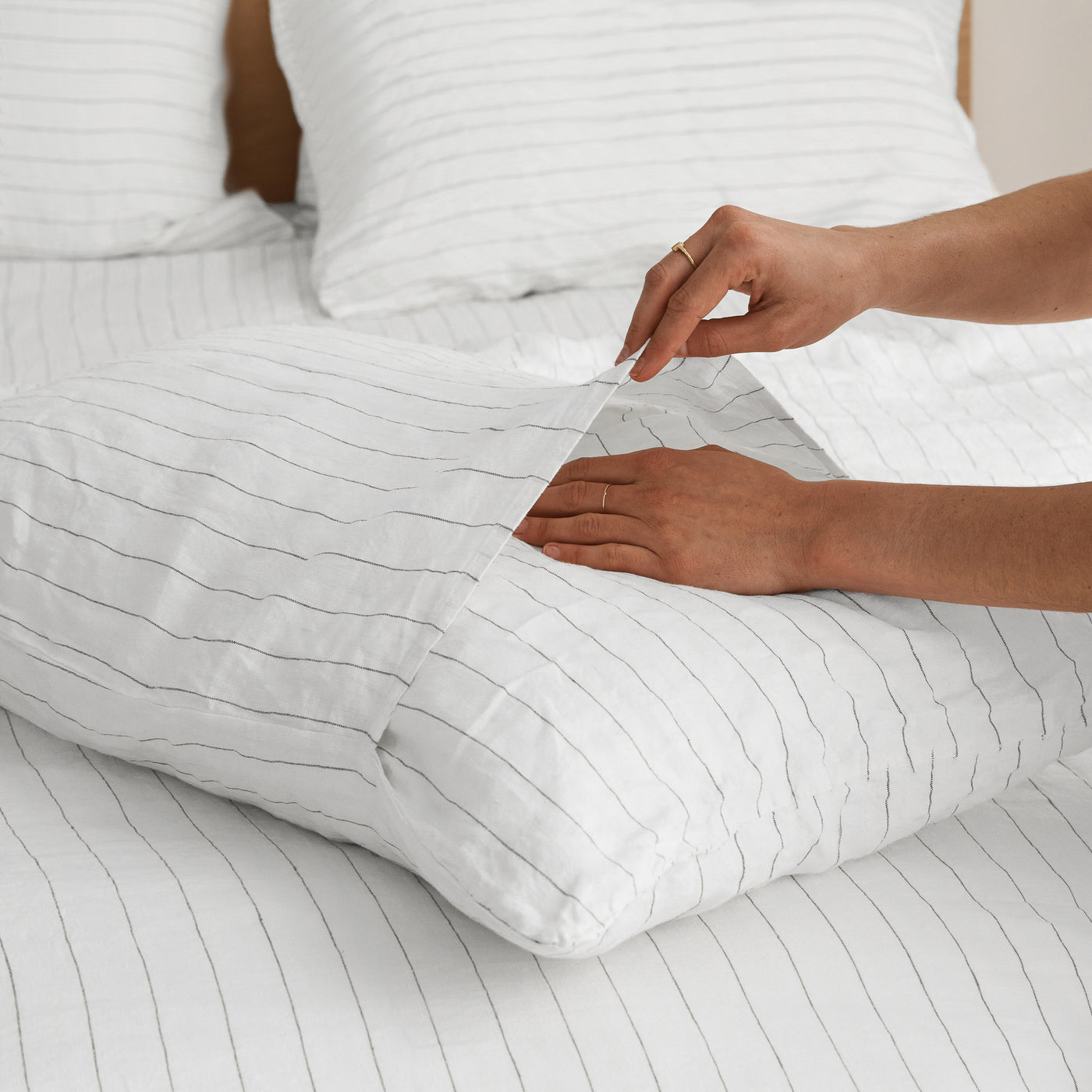French Flax Linen Pillowcase in Charcoal Stripe