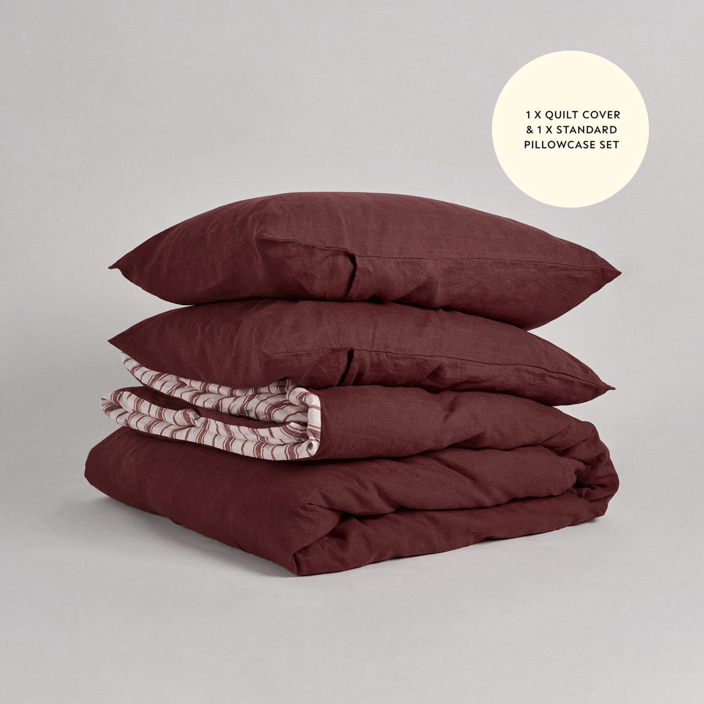 French Flax Linen Double Sided Quilt Cover Set in Cherrywood/Cherrywood Stripe