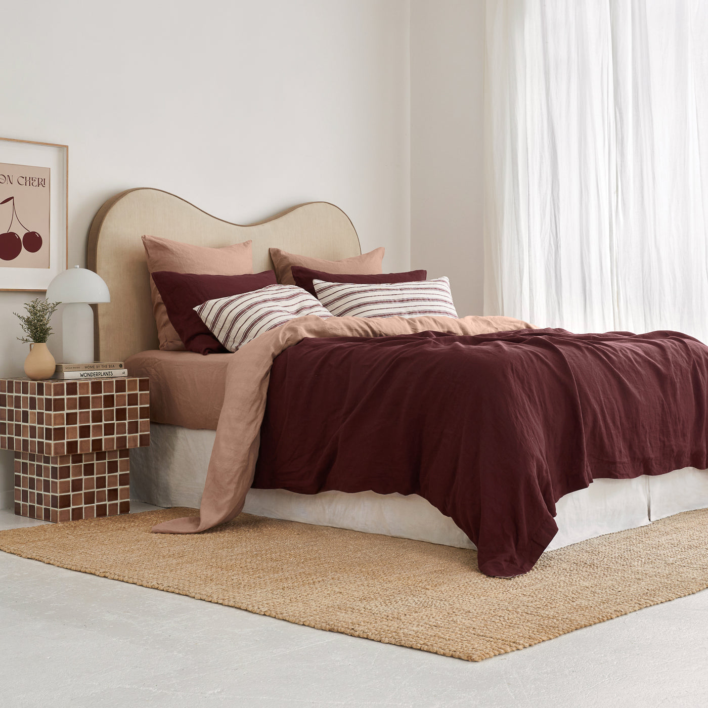 French Flax Linen Double Sided Quilt Cover Set in Cherrywood/Cherrywood Stripe