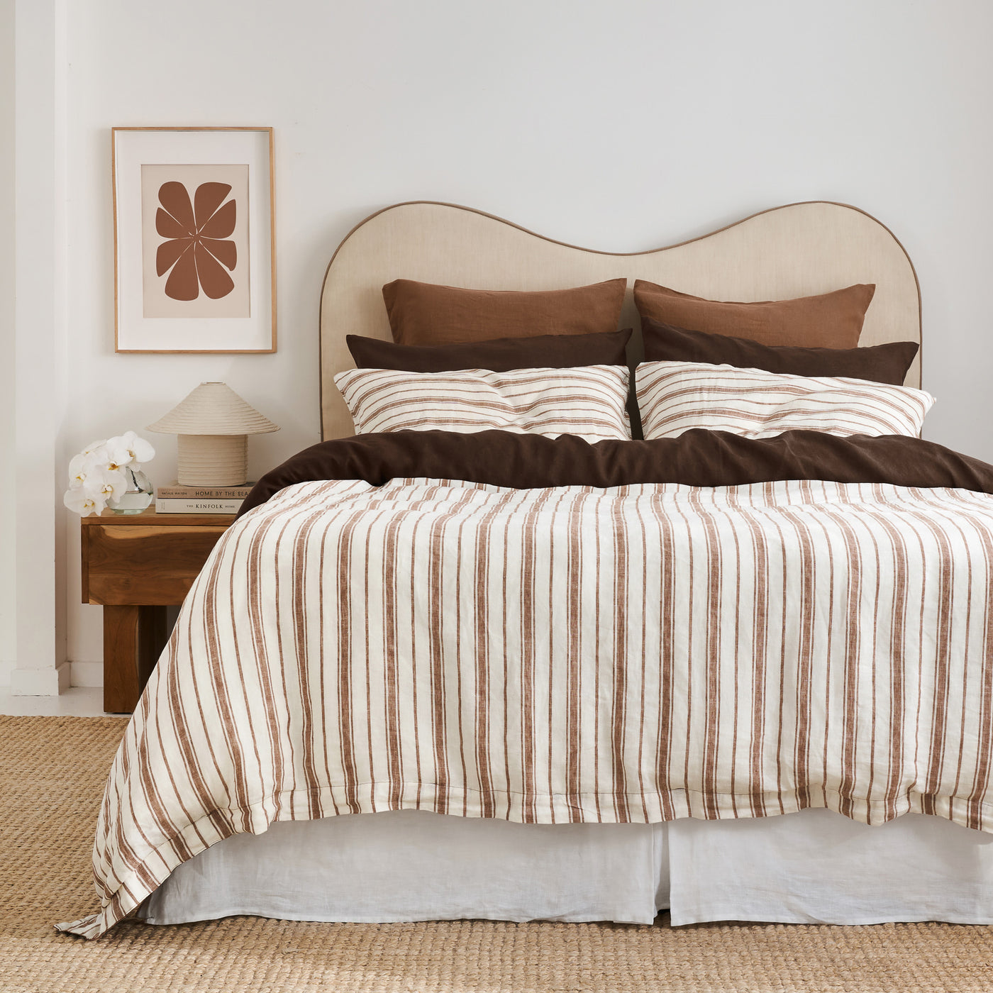 French Flax Linen Double Sided Quilt Cover Set in Hazelnut/Hazelnut Stripe