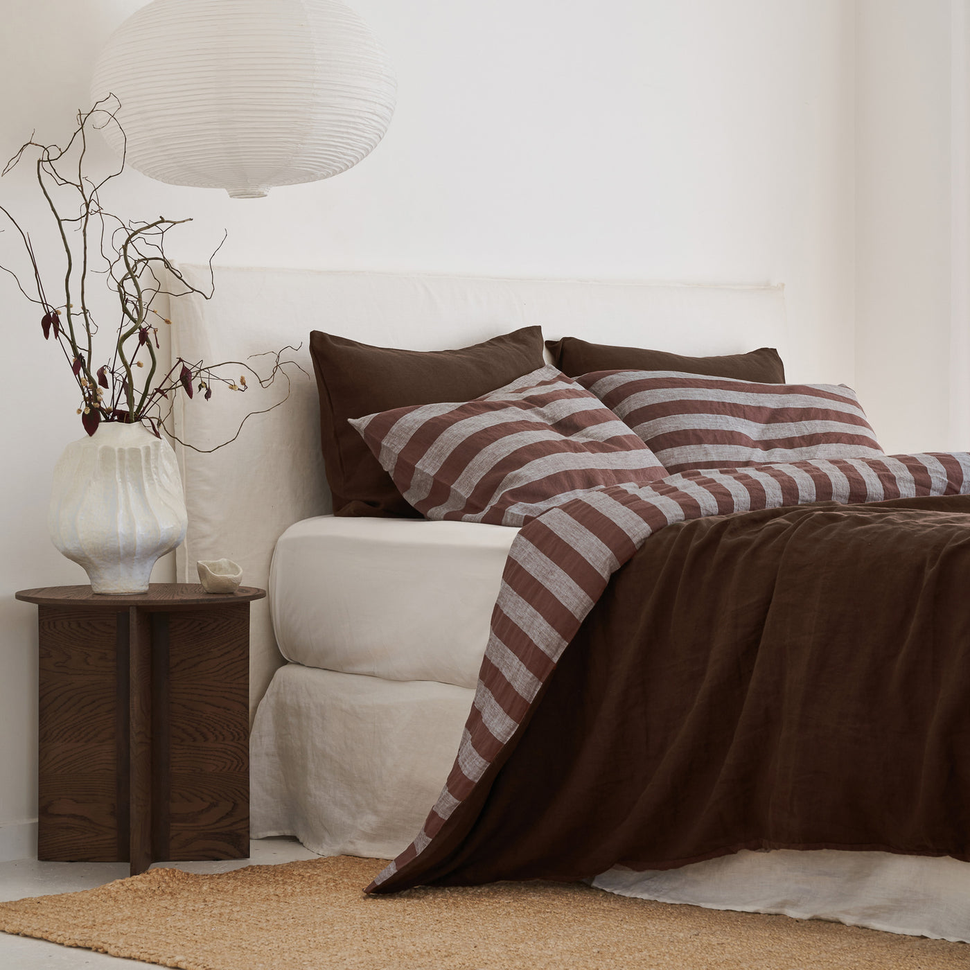 French Flax Linen Double Sided Quilt Cover in Chocolate/Chocolate Stripe
