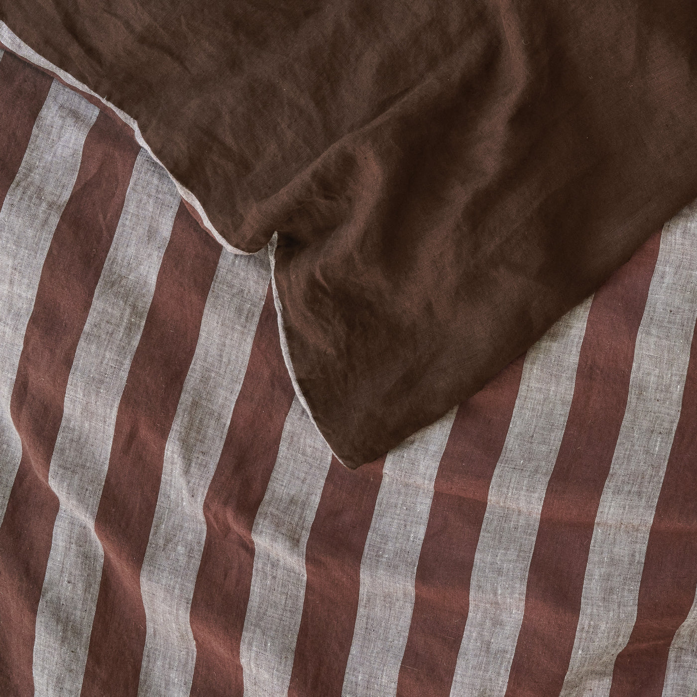 French Flax Linen Double Sided Quilt Cover in Chocolate/Chocolate Stripe