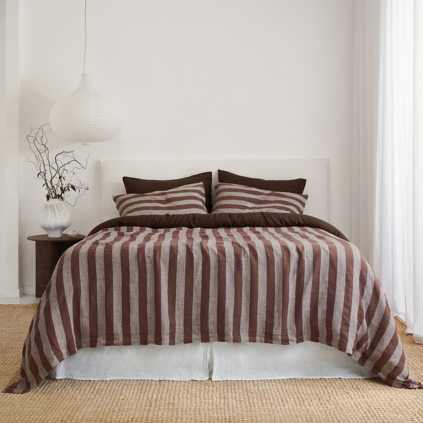 French Flax Linen Double Sided Quilt Cover in Chocolate/Chocolate Stripe