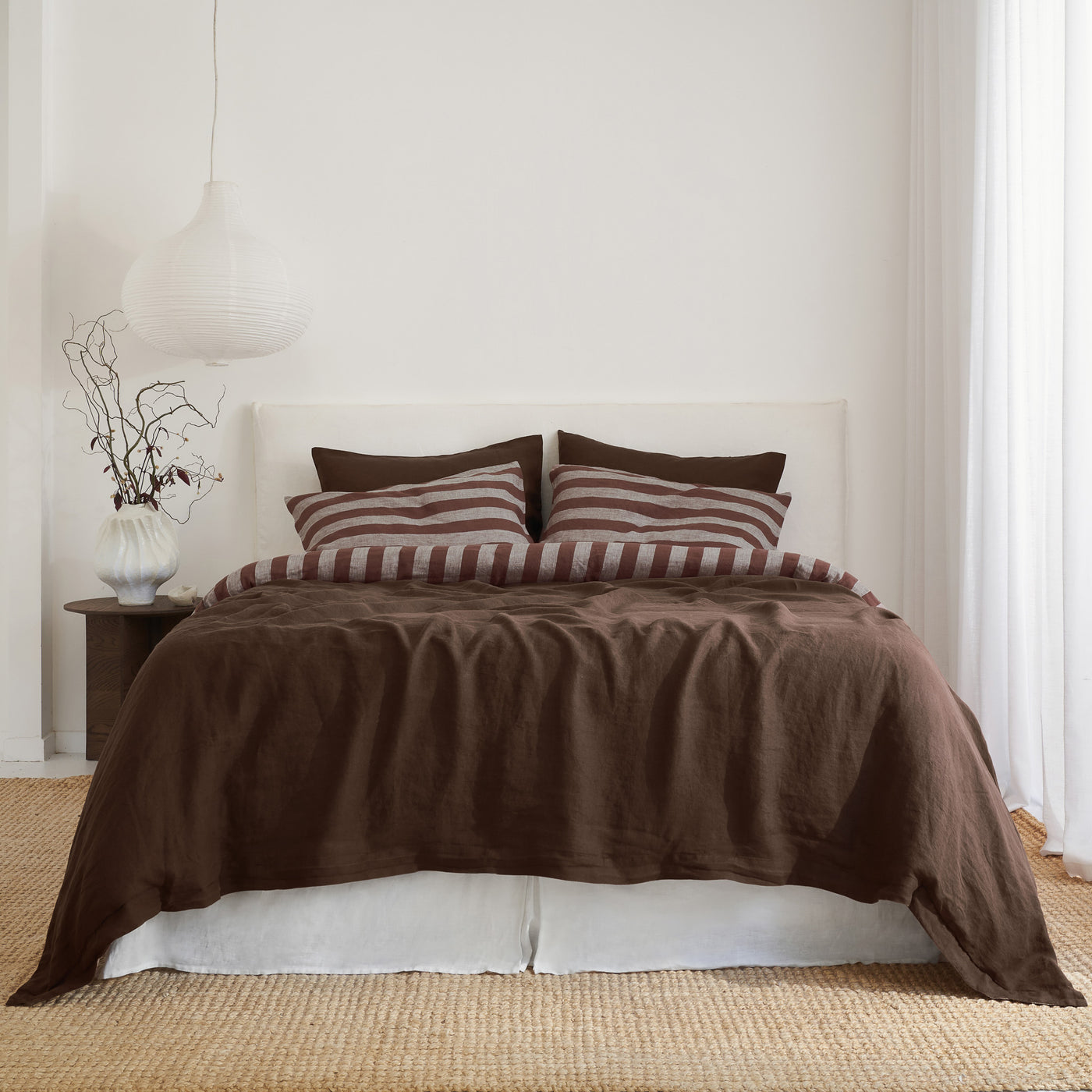 French Flax Linen Double Sided Quilt Cover in Chocolate/Chocolate Stripe
