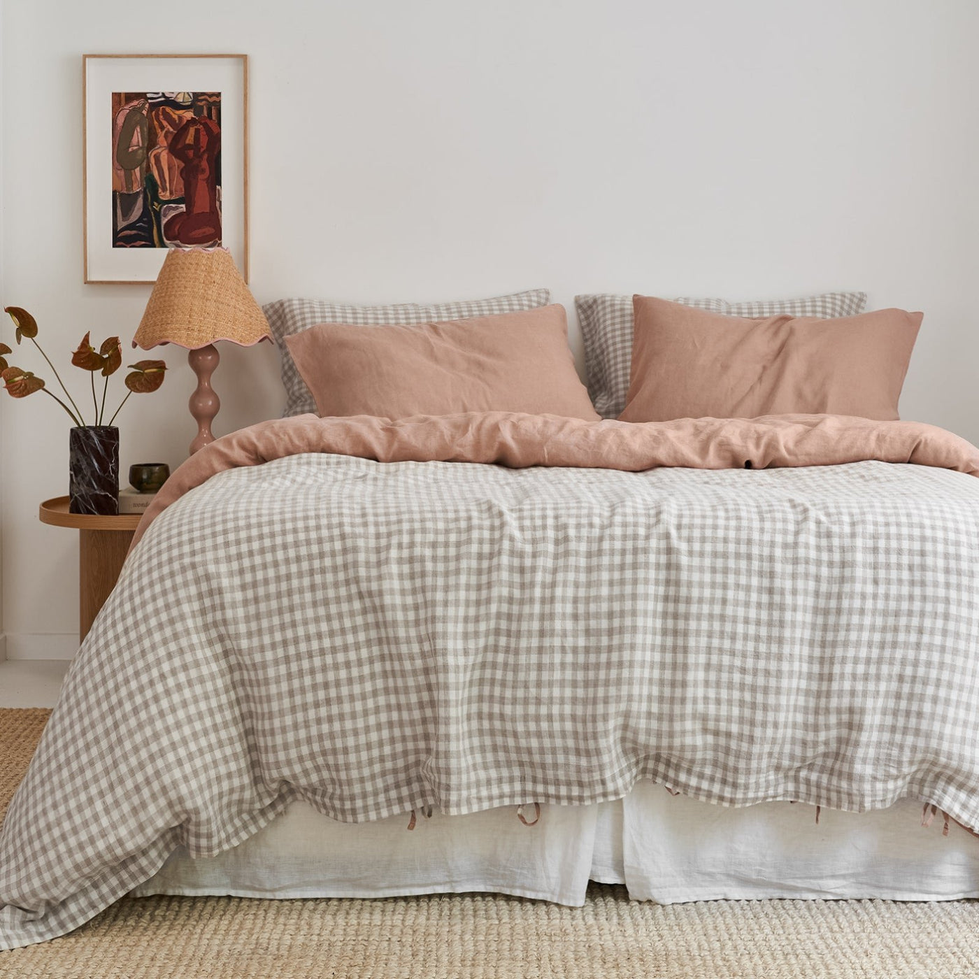 French Flax Linen Double Sided Quilt Cover in Clay/Beige Gingham