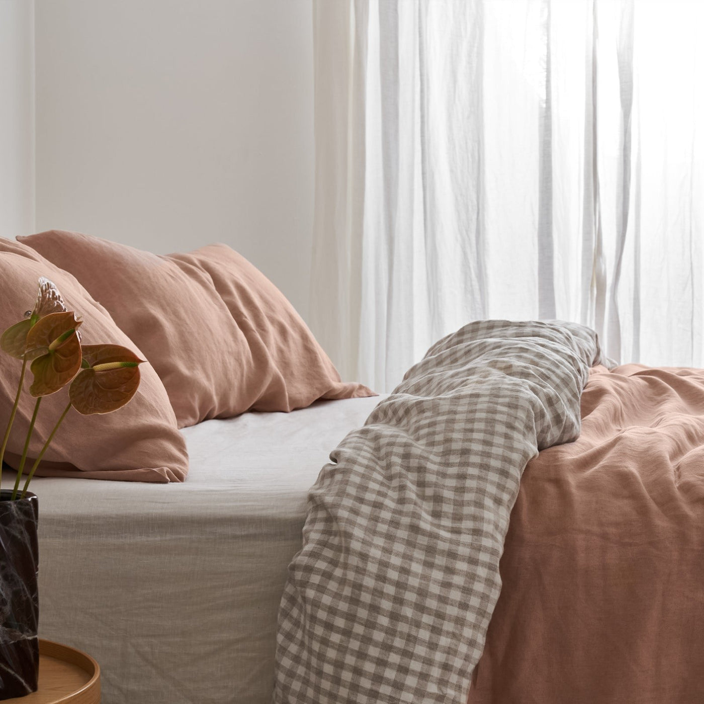 French Flax Linen Double Sided Quilt Cover in Clay/Beige Gingham