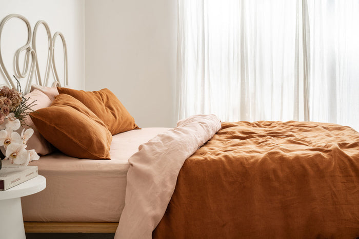 ochre and blush linen bed sheets