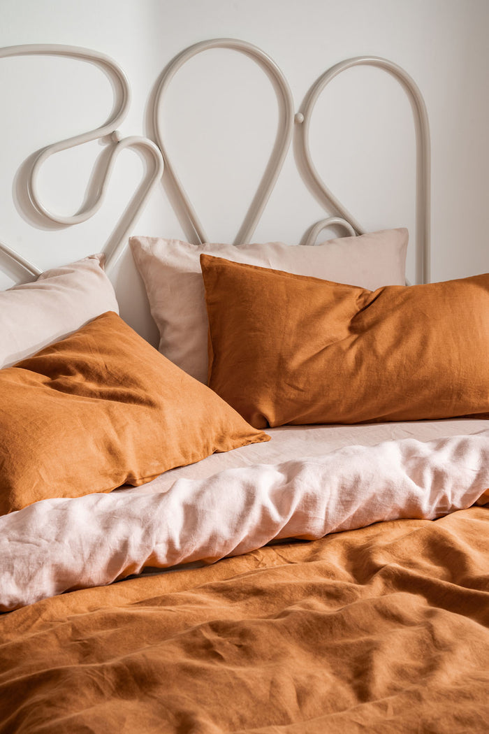 ochre and blush  linen bed sheets