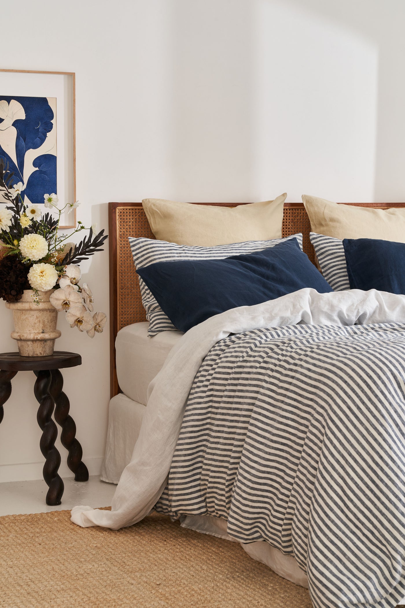 French Flax Linen Double Sided Quilt Cover Set in Indigo/Indigo Stripe