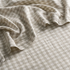French Flax Linen Flat Sheet in Beige Gingham