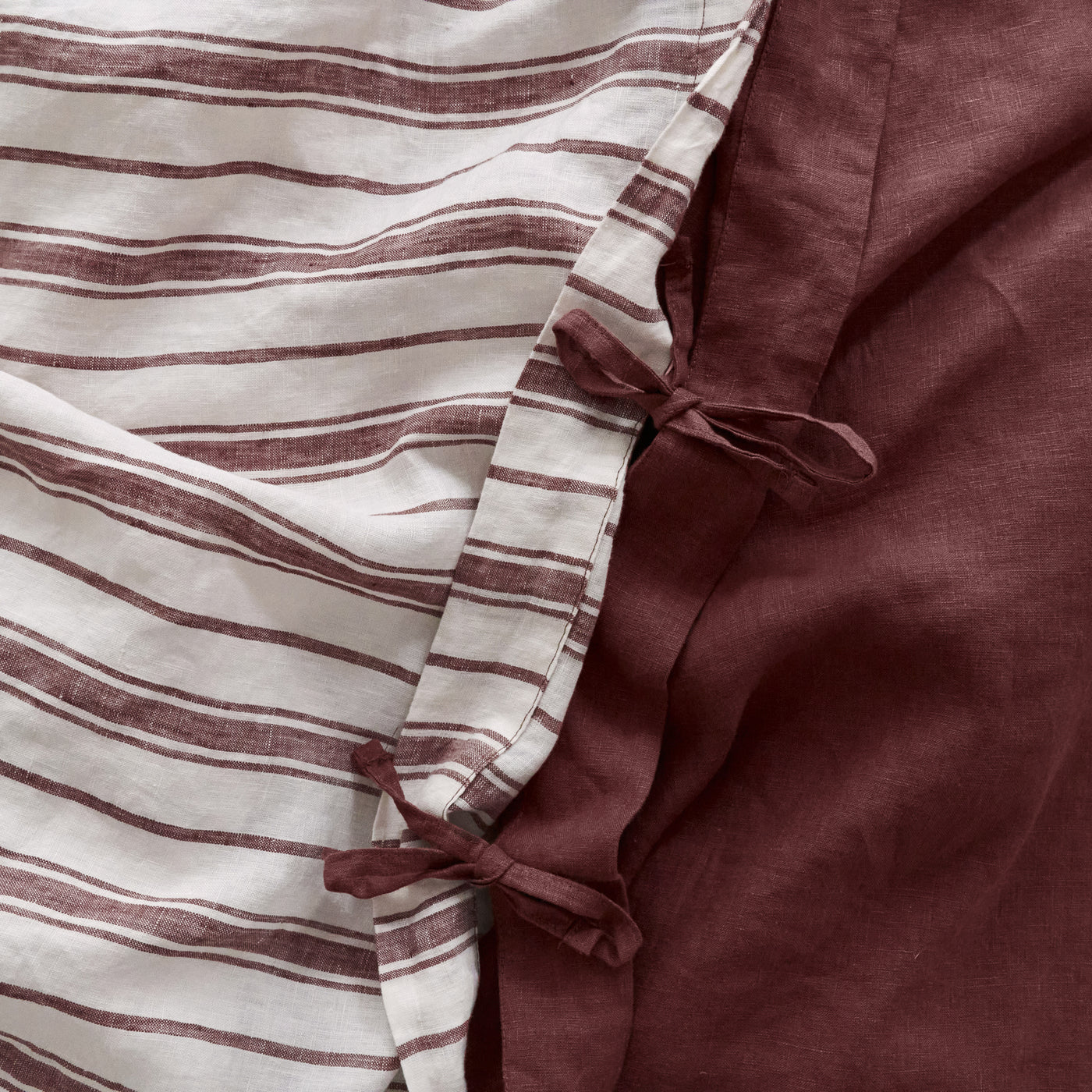 French Flax Linen Double Sided Quilt Cover Set in Cherrywood/Cherrywood Stripe