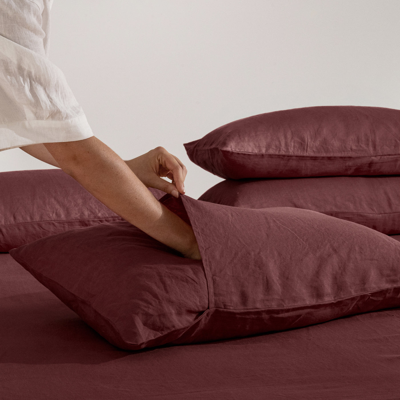 French Flax Linen Double Sided Quilt Cover Set in Cherrywood/Cherrywood Stripe