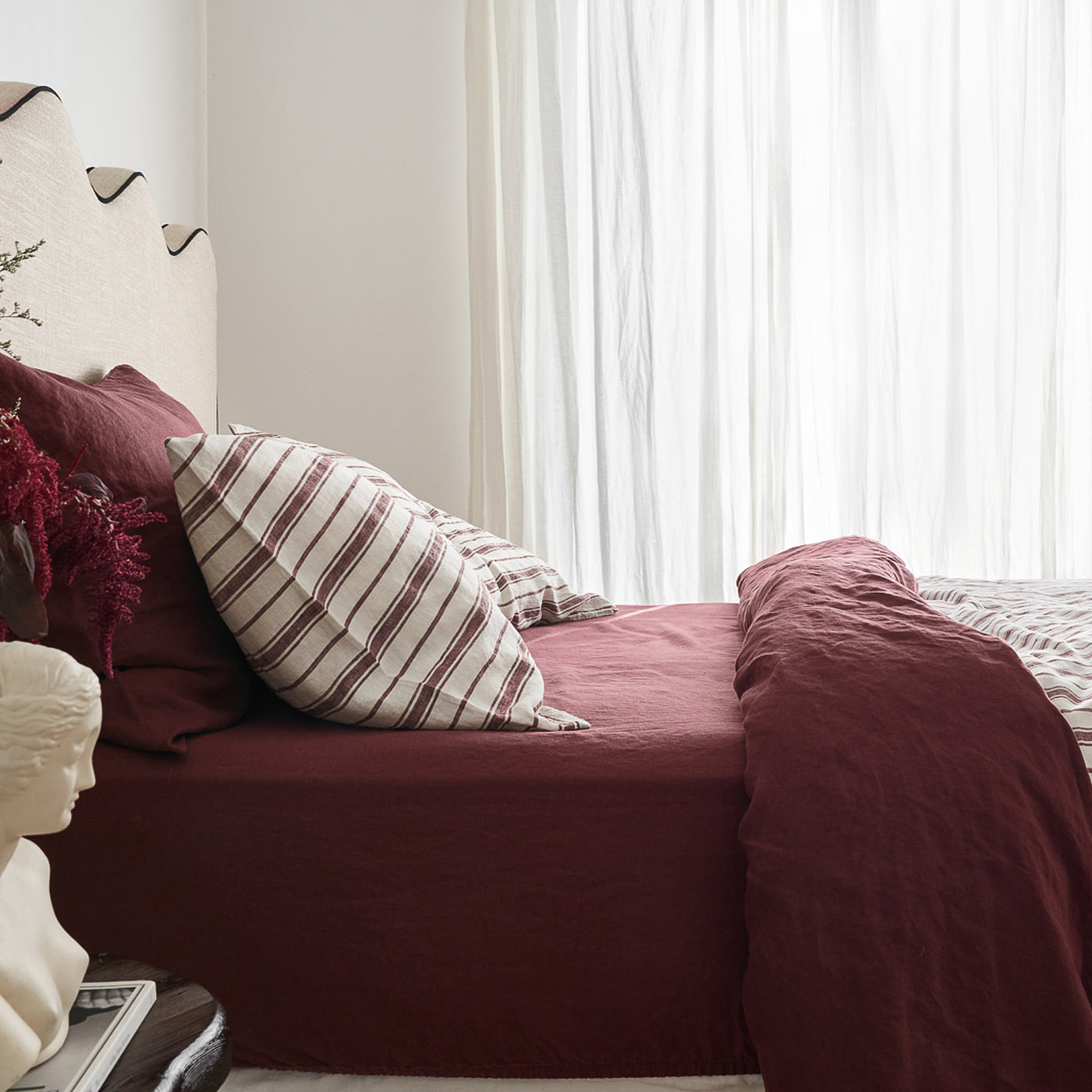 French Flax Linen Double Sided Quilt Cover Set in Cherrywood/Cherrywood Stripe