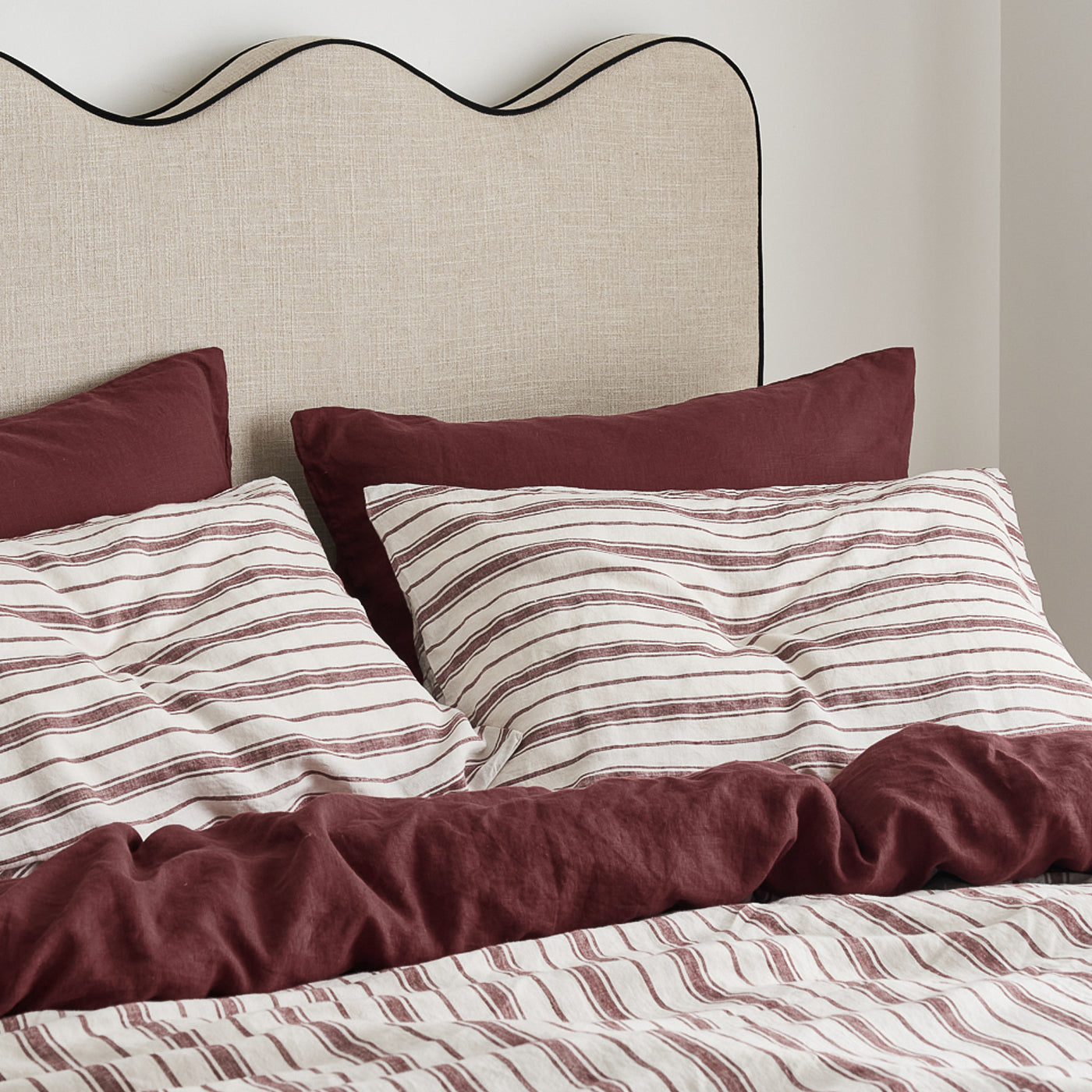 French Flax Linen Double Sided Quilt Cover Set in Cherrywood/Cherrywood Stripe