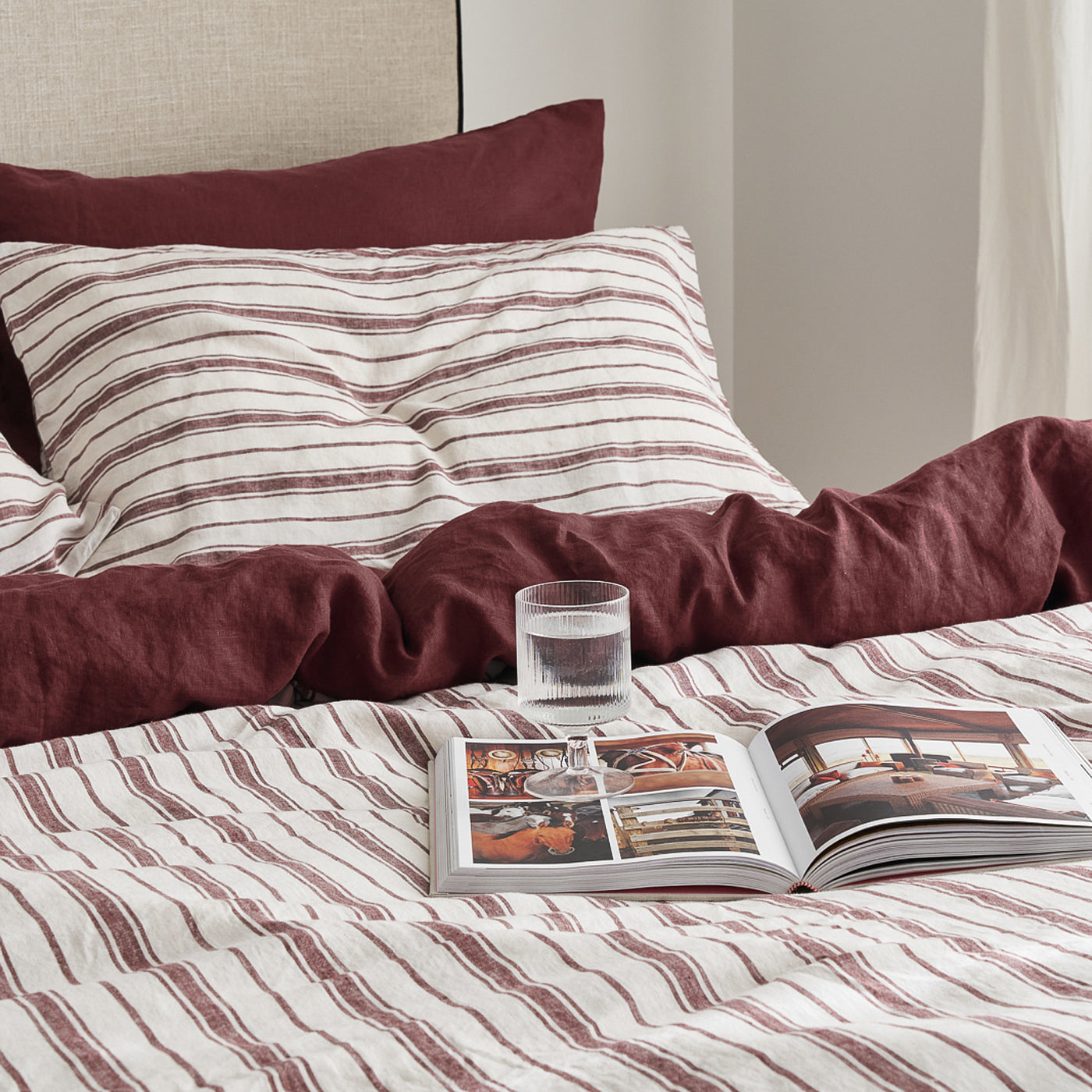 French Flax Linen Double Sided Quilt Cover Set in Cherrywood/Cherrywood Stripe
