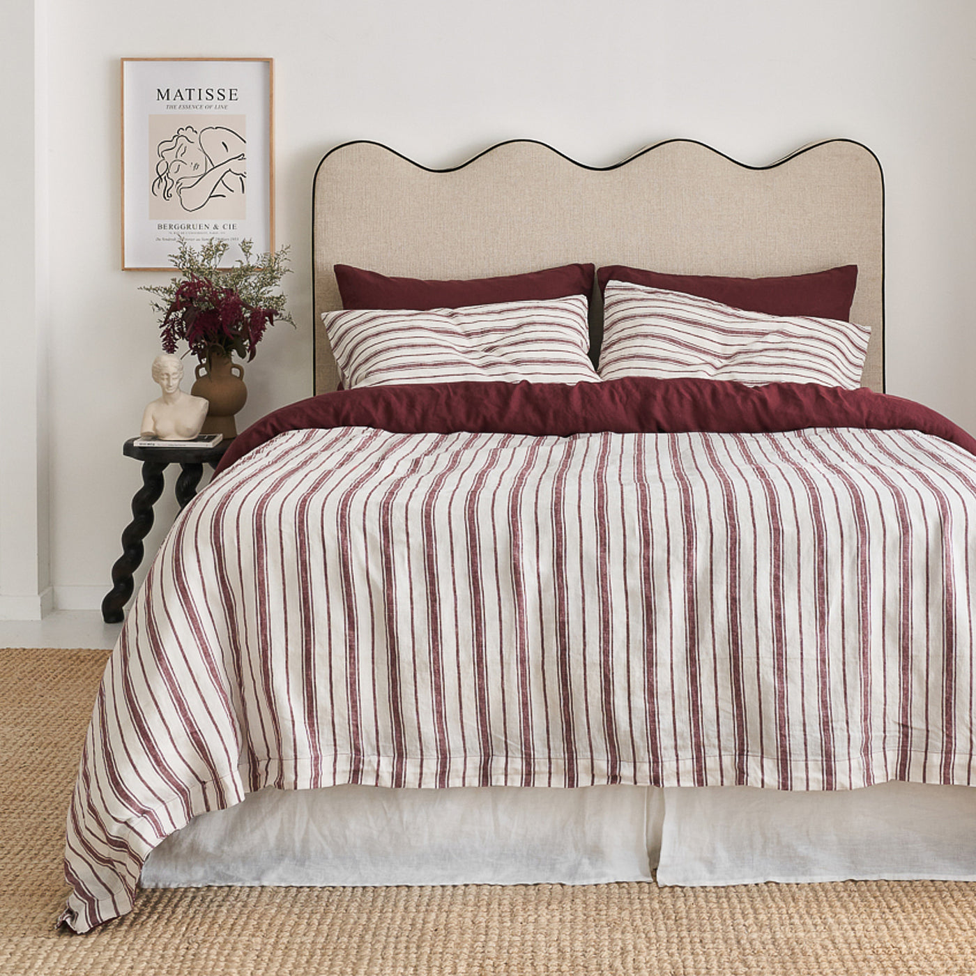 French Flax Linen Double Sided Quilt Cover in Cherrywood/Cherrywood Stripe