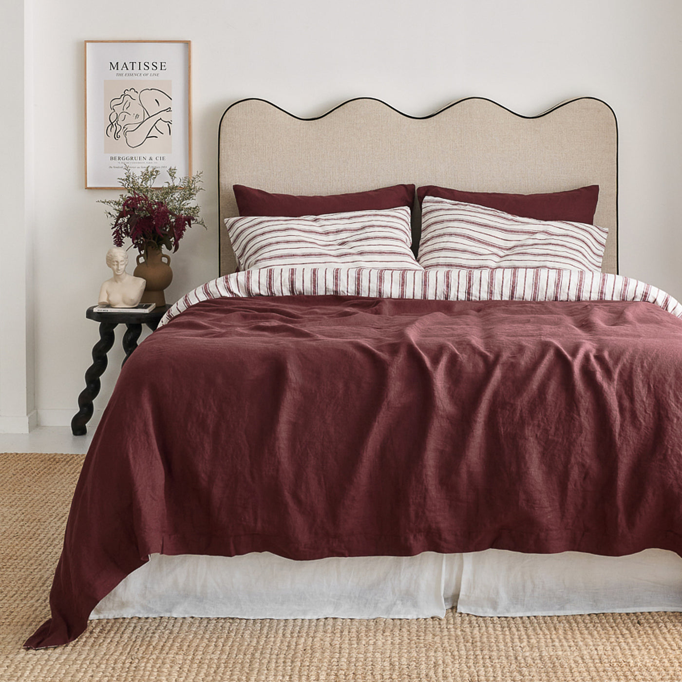 French Flax Linen Double Sided Quilt Cover Set in Cherrywood/Cherrywood Stripe