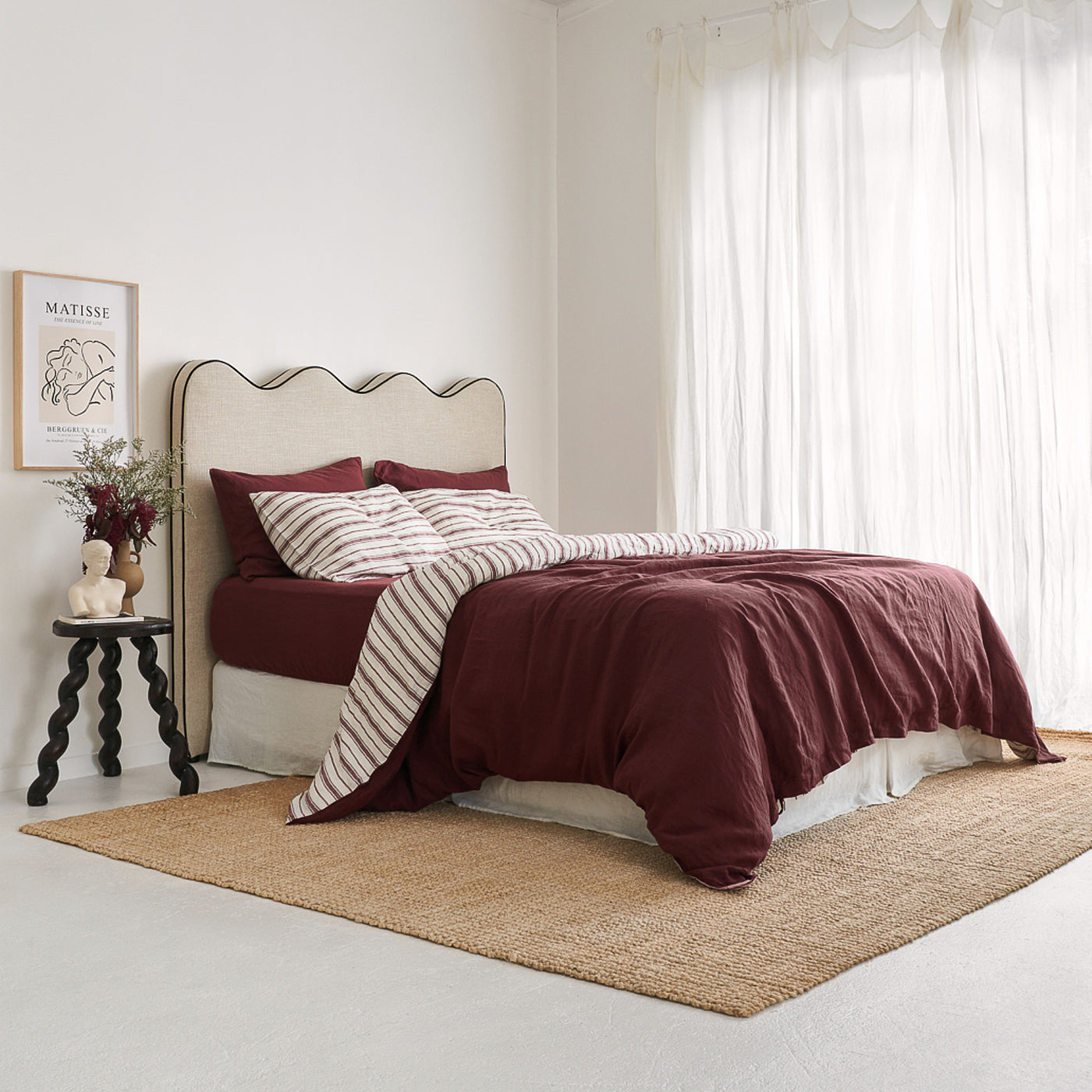 French Flax Linen Double Sided Quilt Cover Set in Cherrywood/Cherrywood Stripe