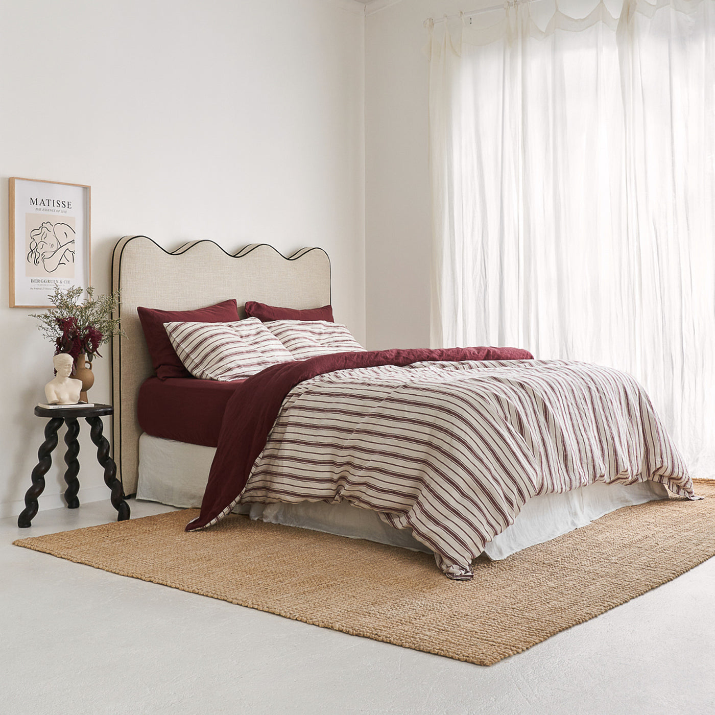 French Flax Linen Double Sided Quilt Cover Set in Cherrywood/Cherrywood Stripe