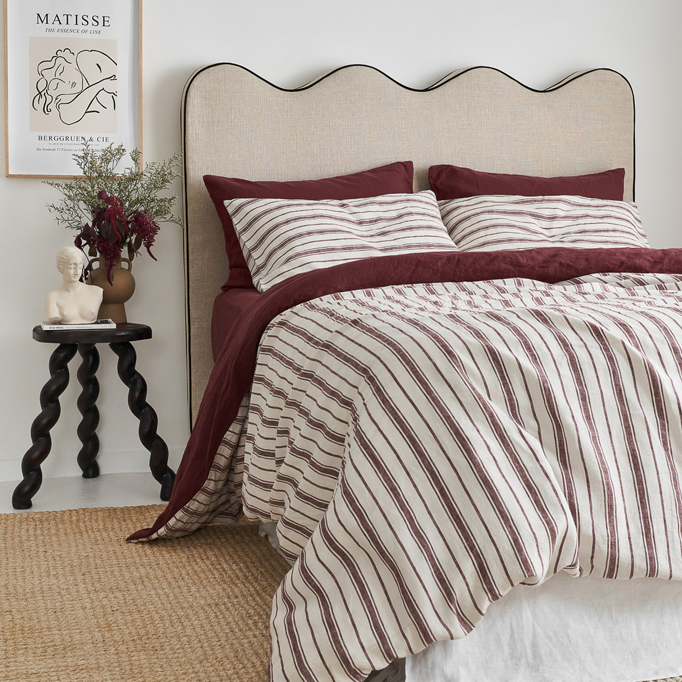 French Flax Linen Double Sided Quilt Cover Set in Cherrywood/Cherrywood Stripe