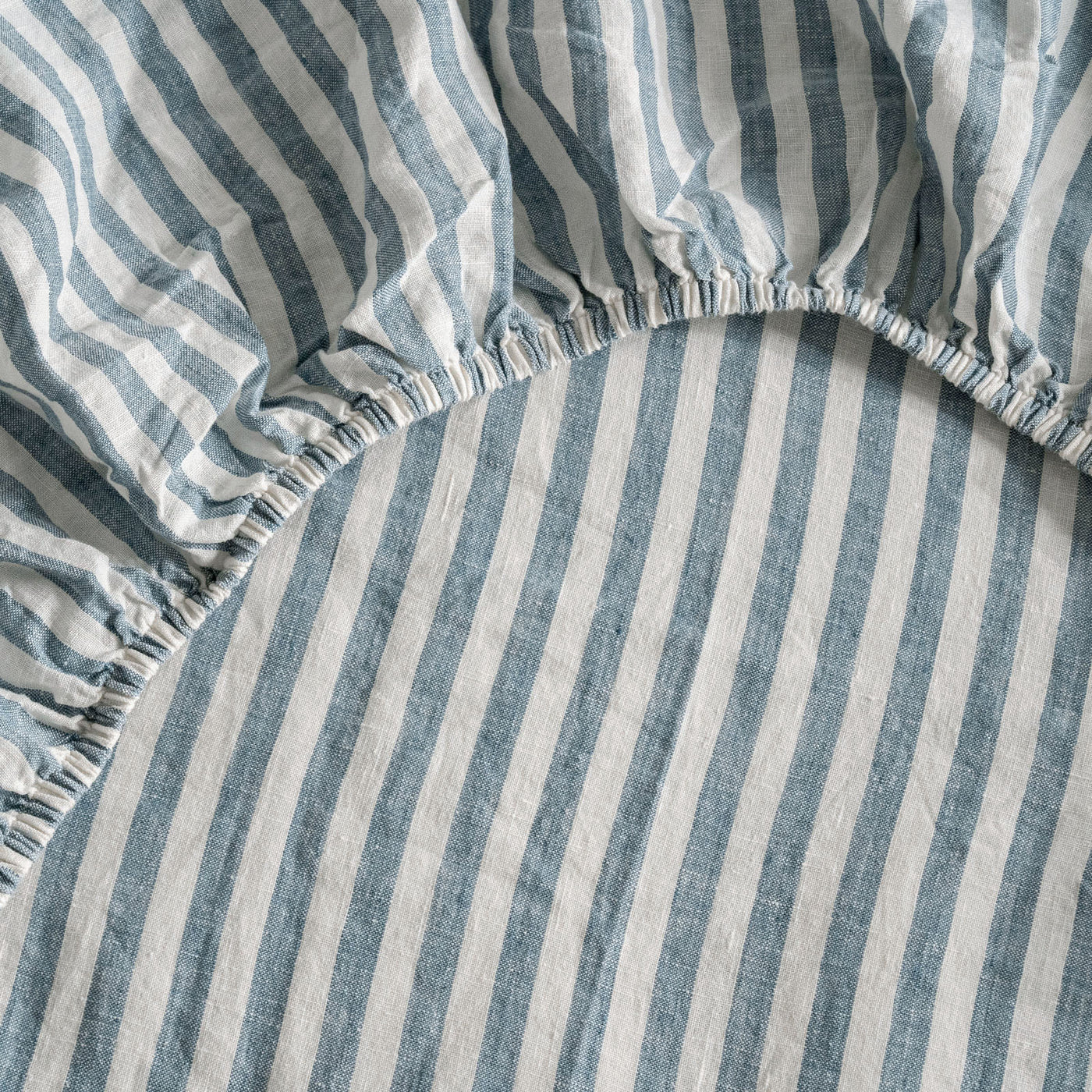 French Flax Linen Fitted Sheet in Marine Blue Stripe