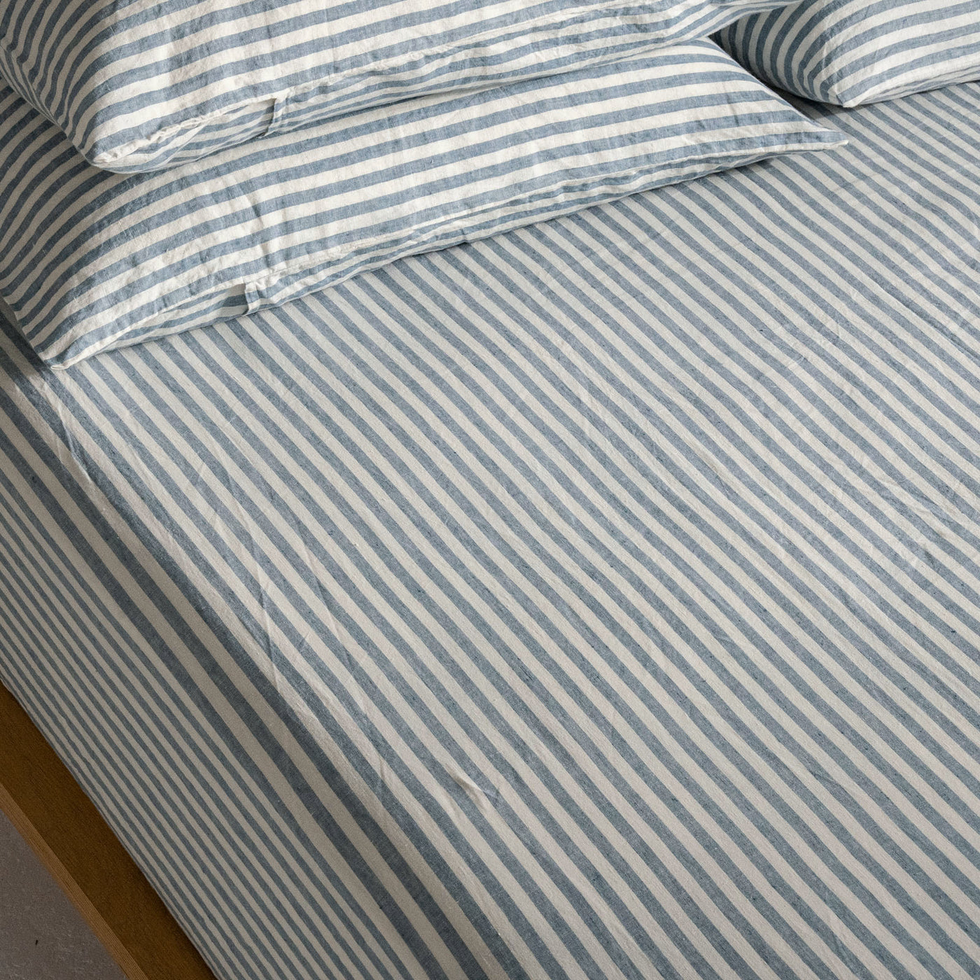 French Flax Linen Fitted Sheet in Marine Blue Stripe