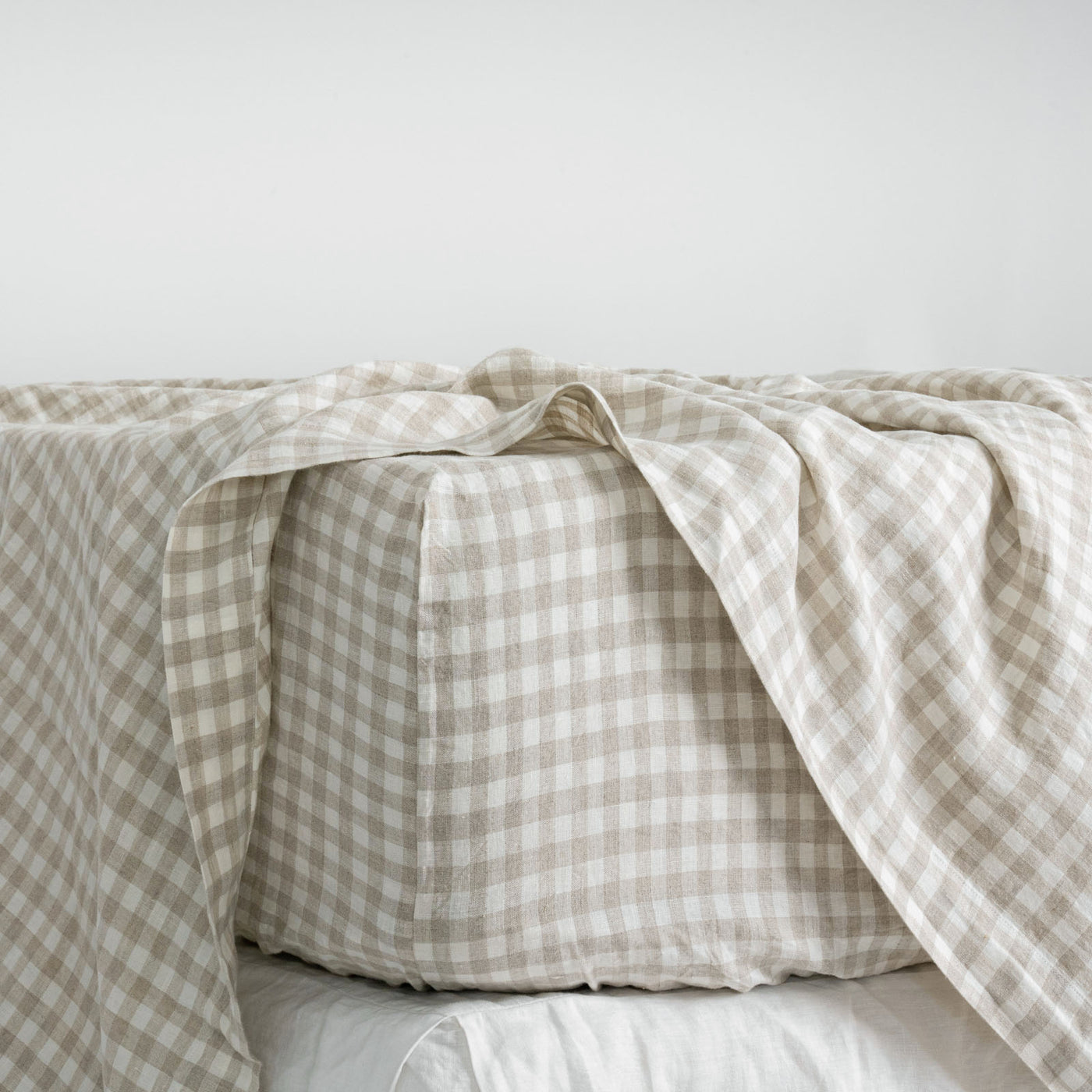 French Flax Linen Fitted Sheet in Beige Gingham