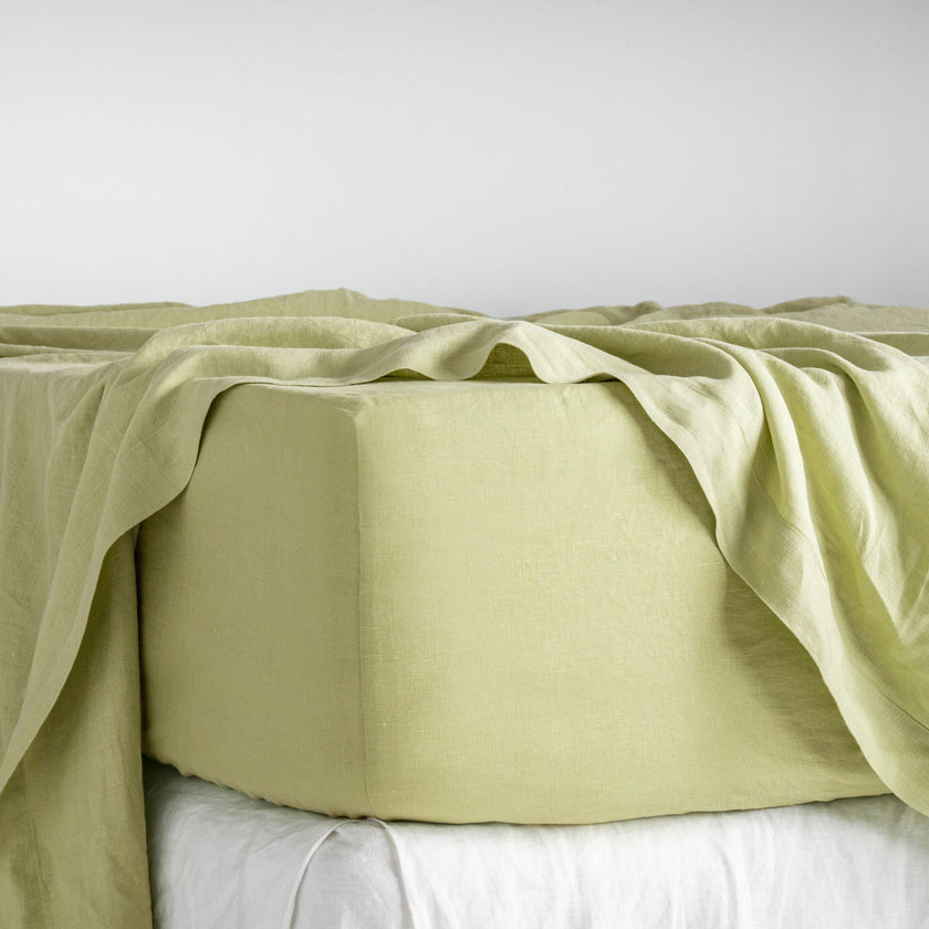 French Flax Linen Fitted Sheet in Matcha