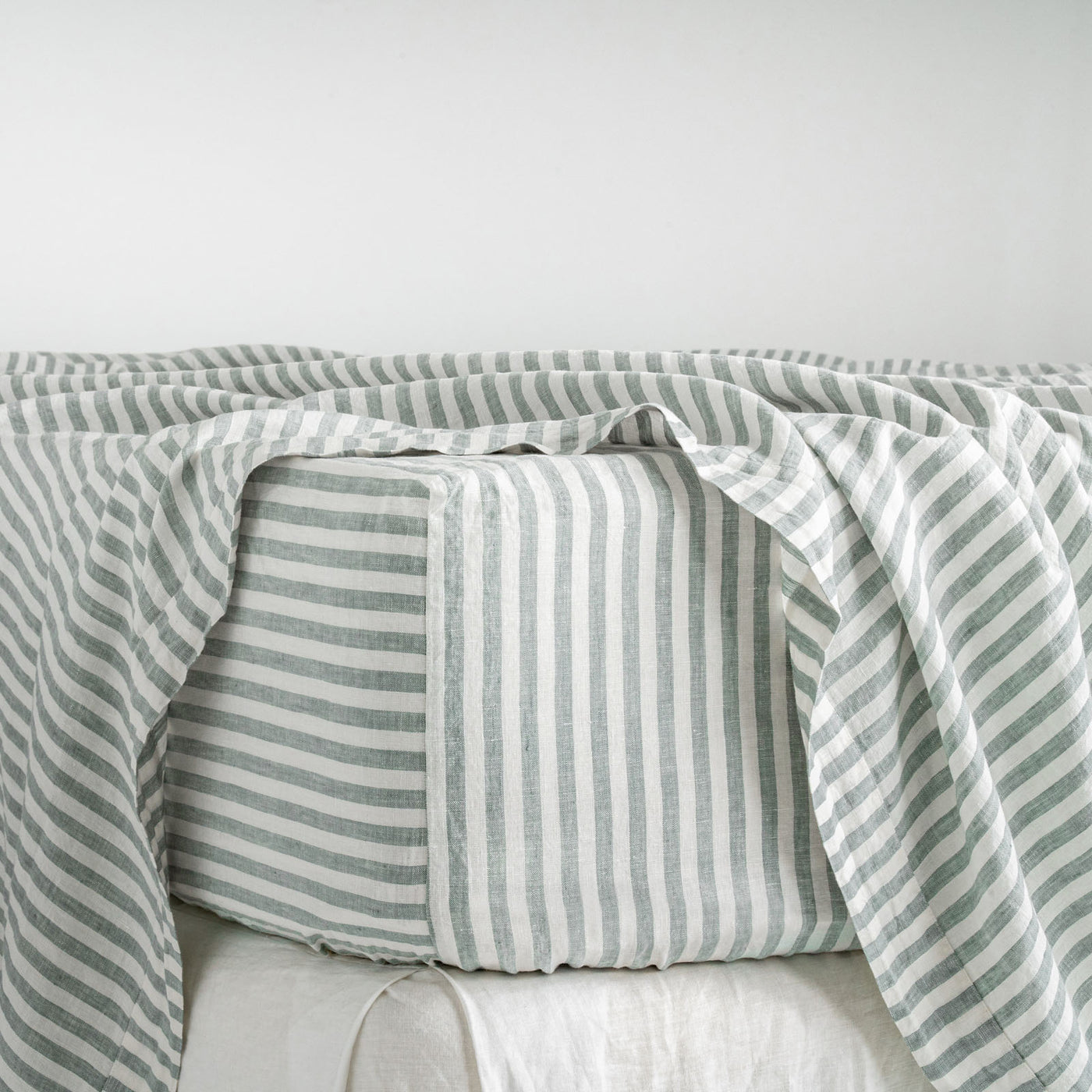 French Flax Linen Fitted Sheet in Sage Stripe