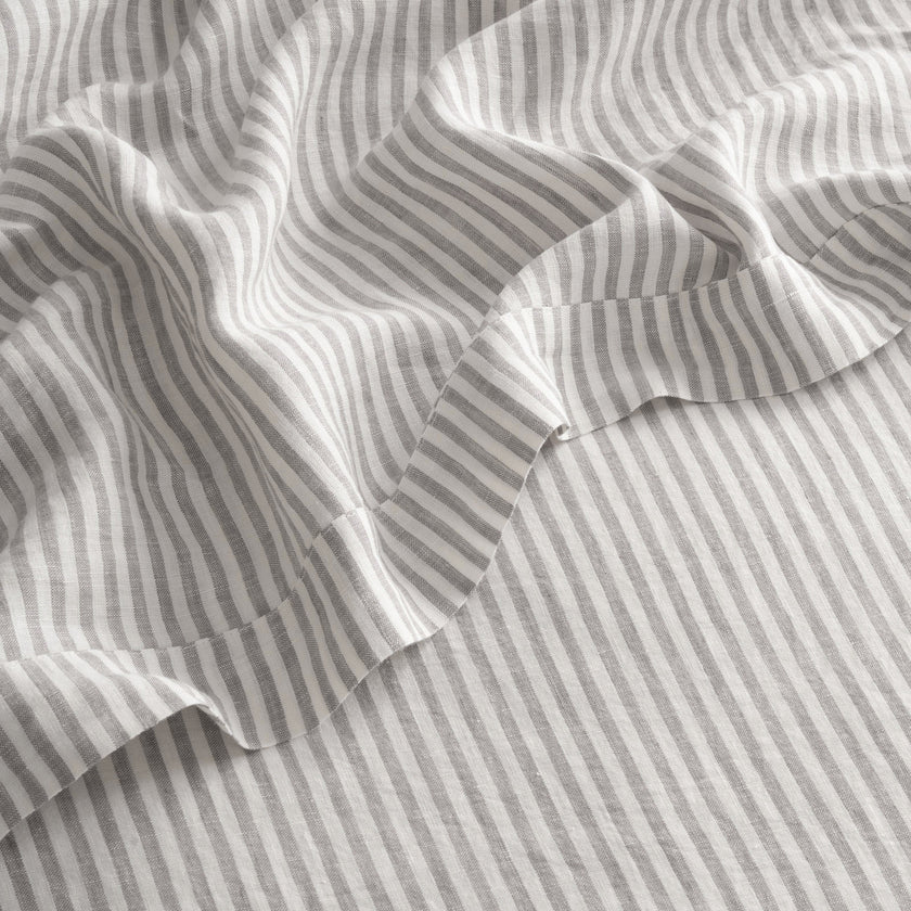 French Flax Linen Flat Sheet in Grey Stripe