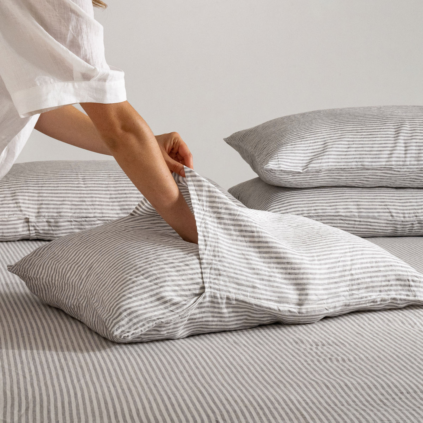 French Flax Linen Sheet Set in Grey Stripe