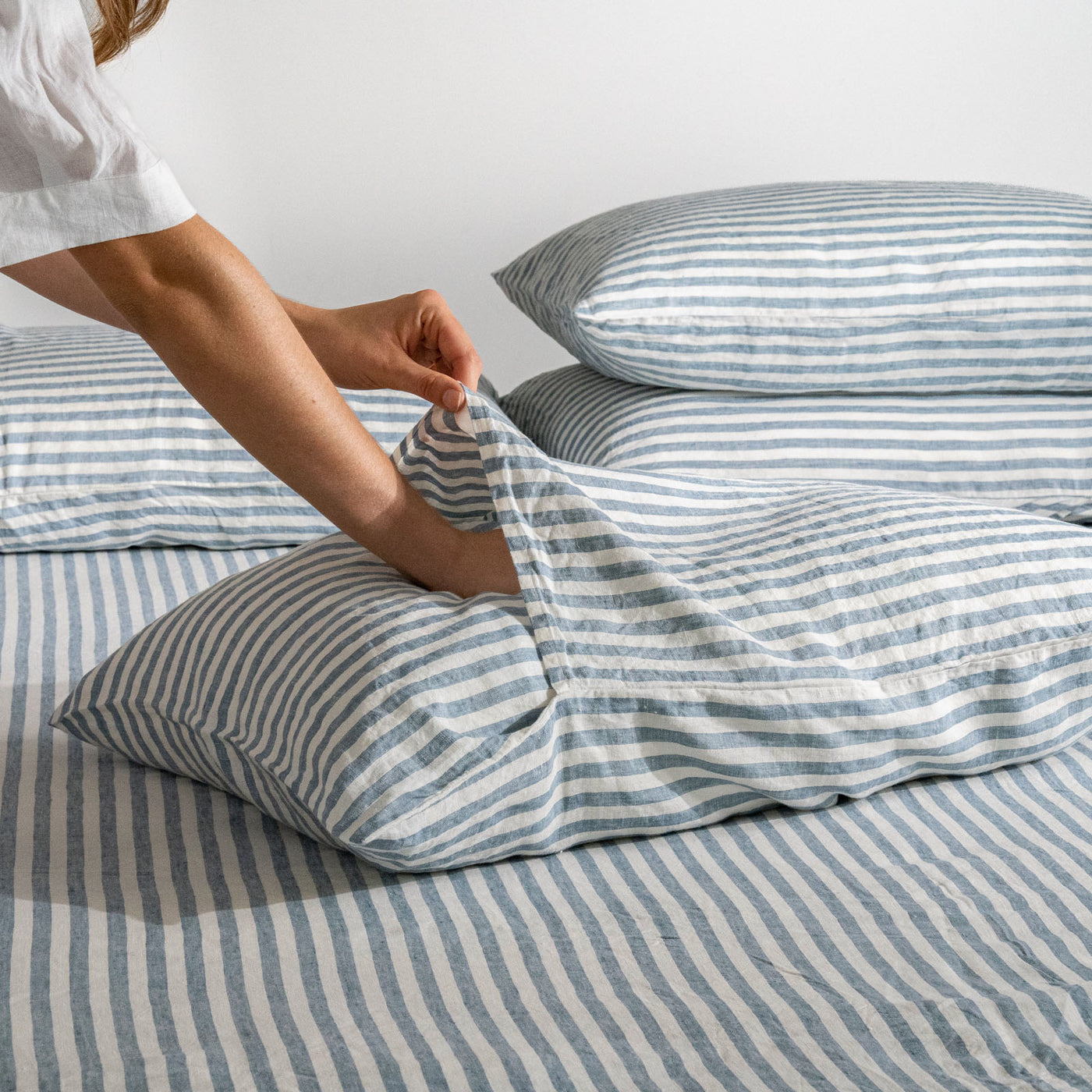 French Flax Linen Pillowcase Set in Marine Blue Stripe