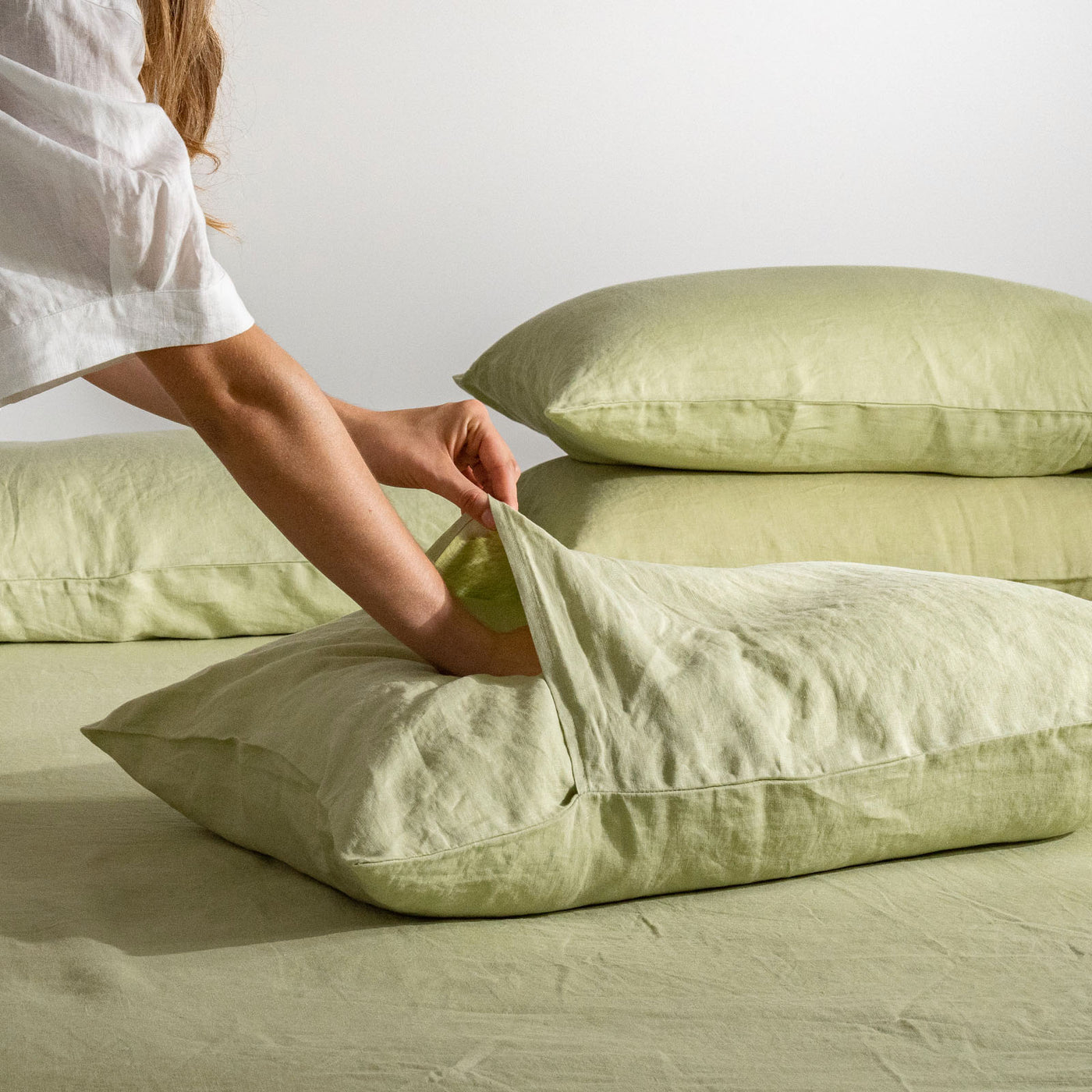 French Flax Linen Pillowcase Set in Matcha