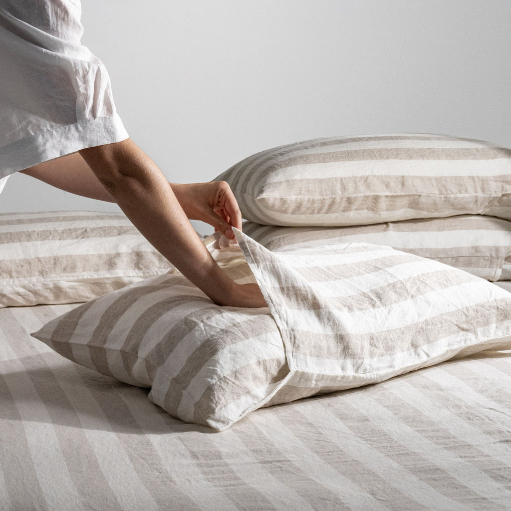 100% French Flax Linen Ruffle Edge Pillowcase Pair- Natural Gingham main image 0